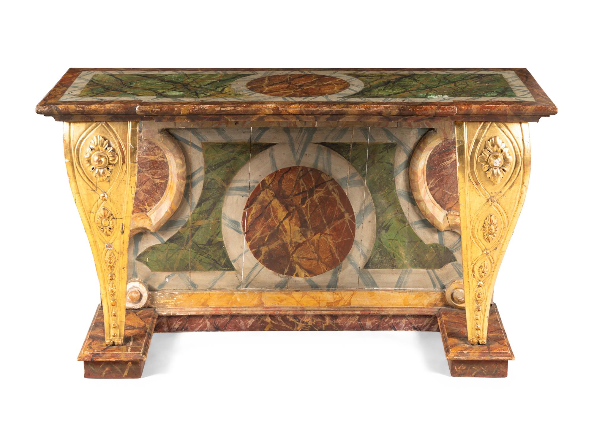 An Italian Parcel Gilt and Faux Marble Painted Console Table