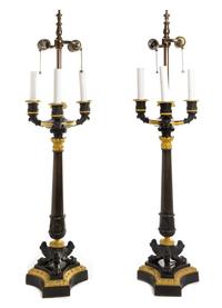 A Pair of Louis Philippe Style Patinated and Gilt Bronze Four-Light Candelabra Height overall 35 inches. — 19TH CENTURY