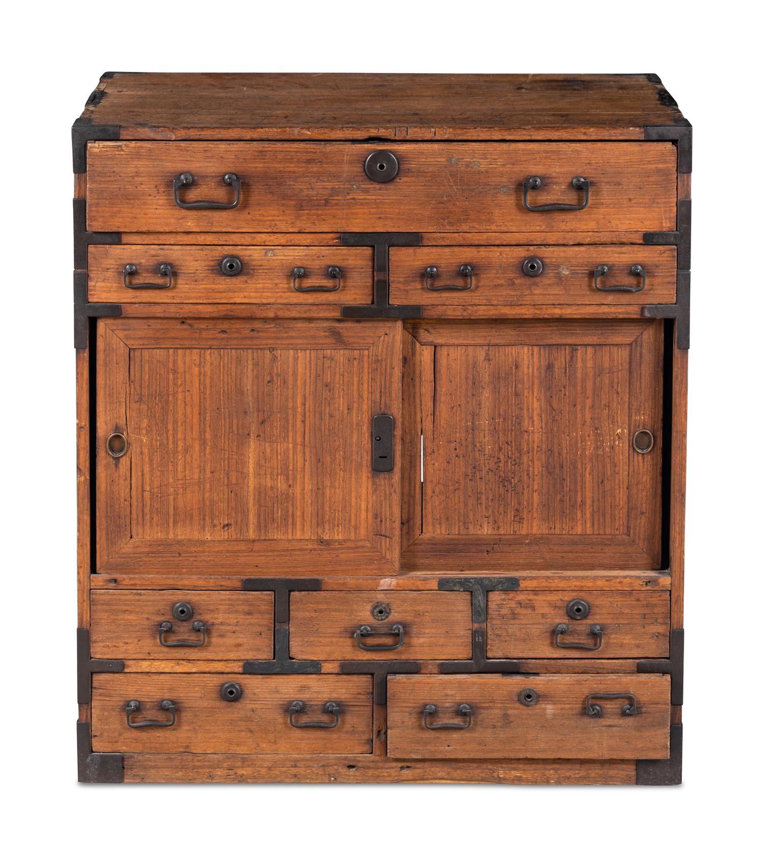 A Japanese Metal Mounted Softwood Cabinet