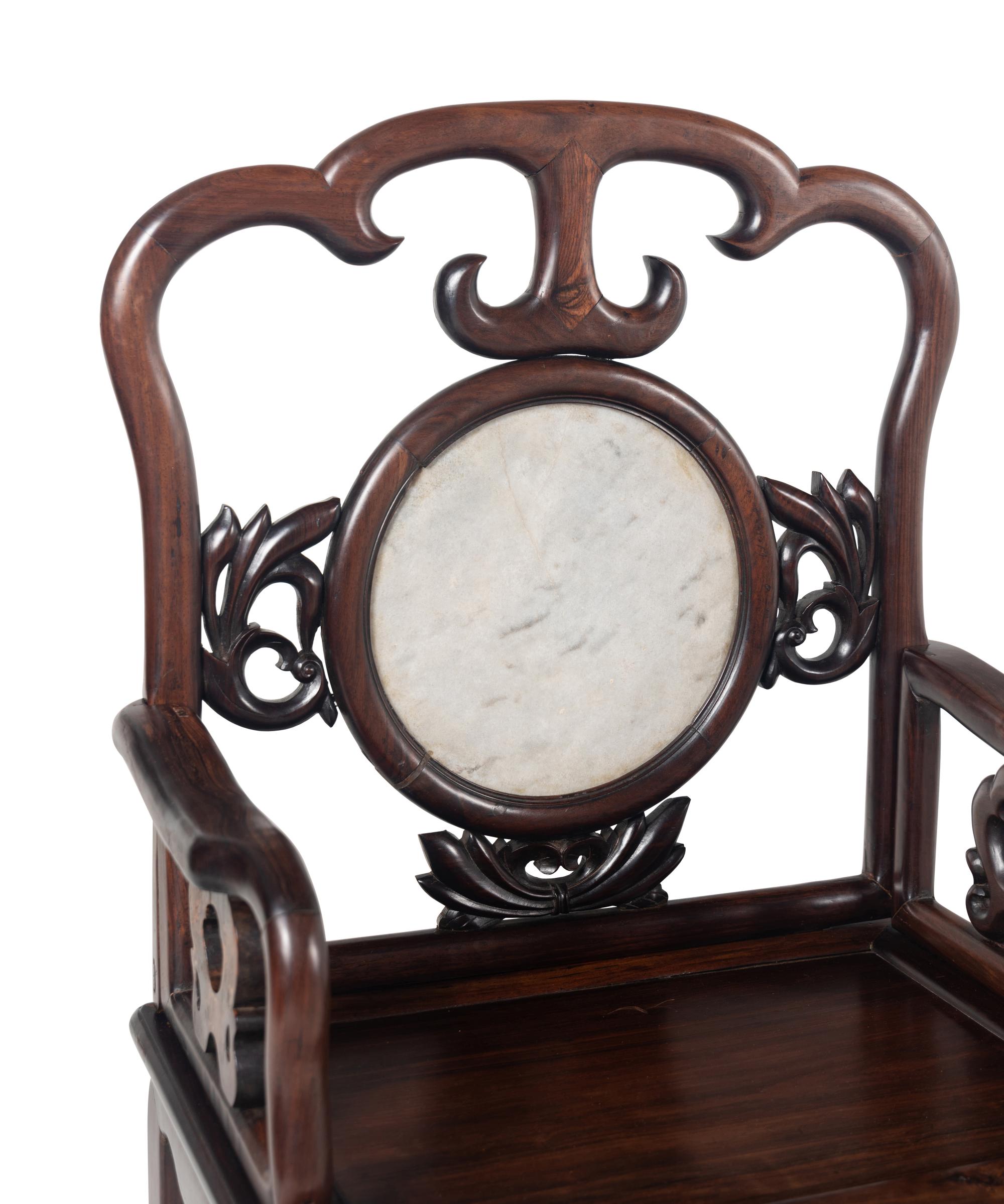 A Set of Four Chinese Marble Inset Zitan Armchairs