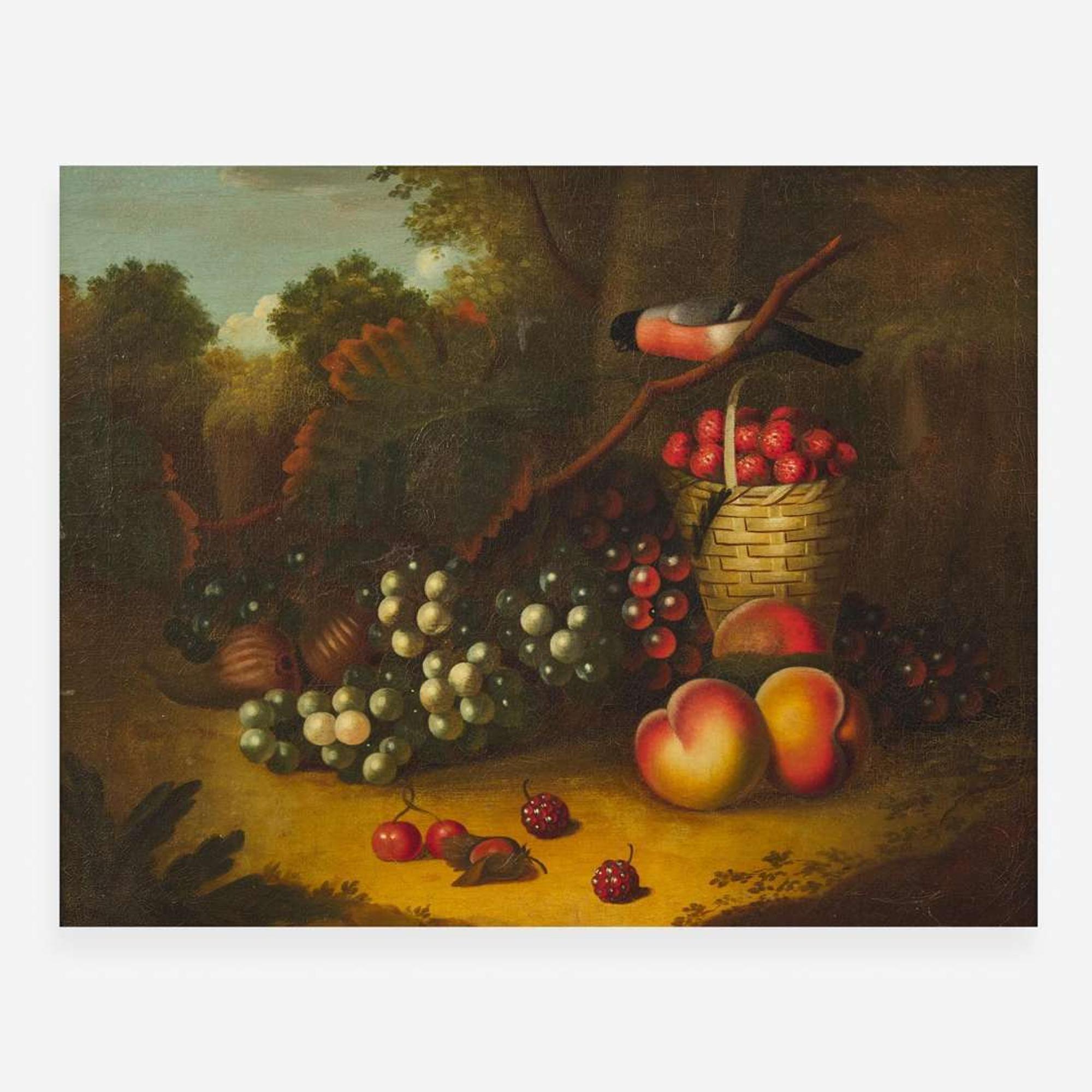 American School 19th century Still Life with Bird and Fruit in a Landscape