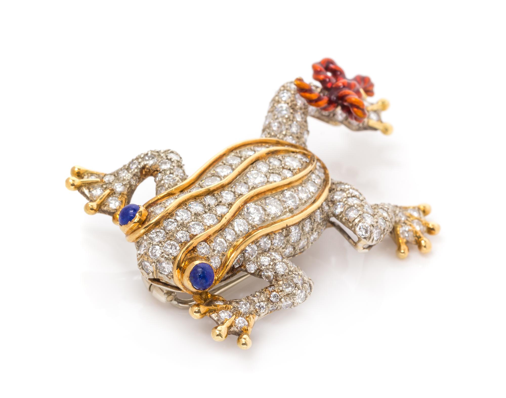 An 18 Karat Bicolor Gold, Diamond, Lapis Lazuli and Enamel Frog Brooch, Italian, 13.10 dwts.
