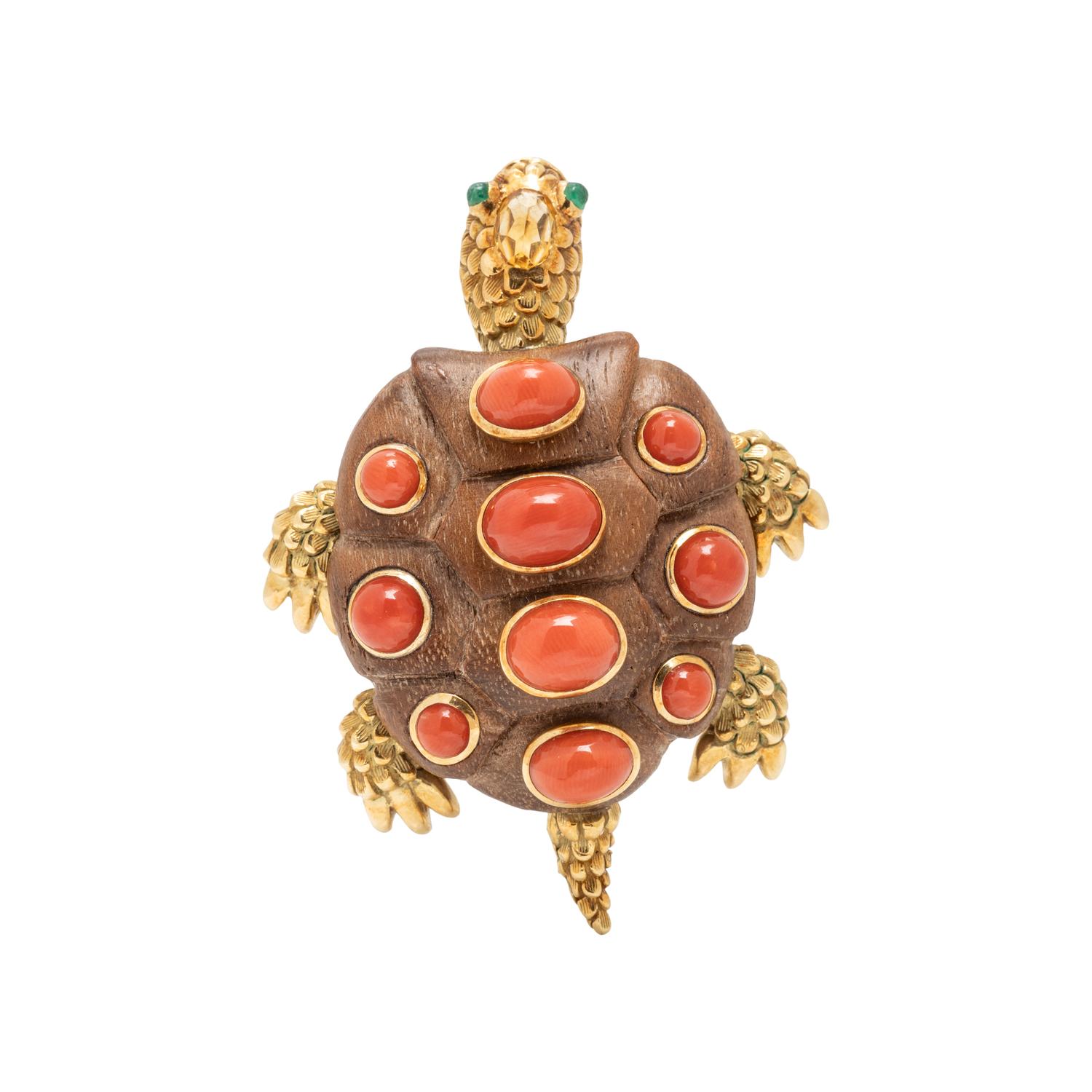 SEAMAN SCHEPPS, WOOD AND CORAL TURTLE BROOCH