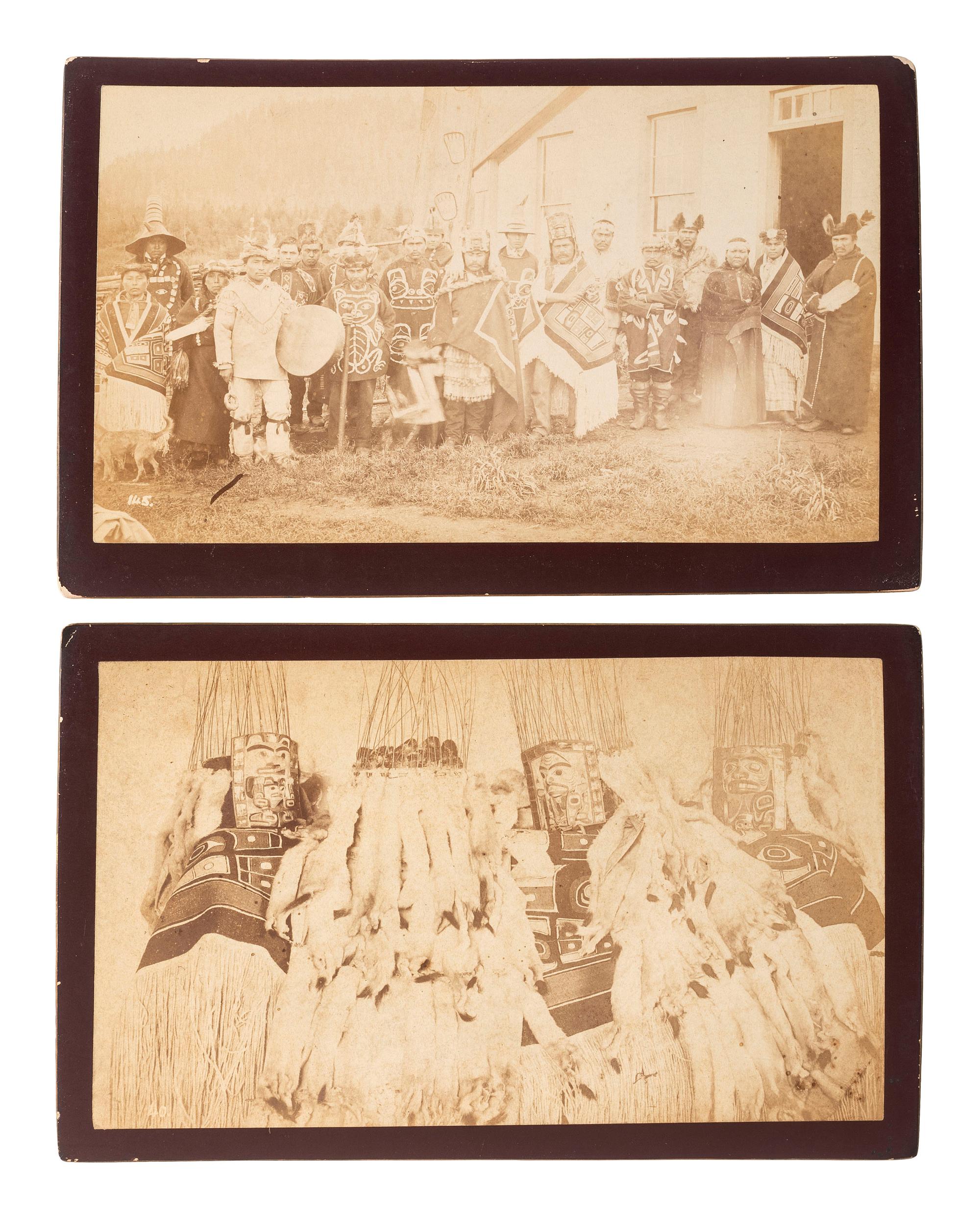 [NATIVE AMERICANS]. A group of 7 boudoir photographs of Fort Wrangell, Alaska, incl. views of natives in dance costume, totem poles, and scenic views. Ca 1885-87.