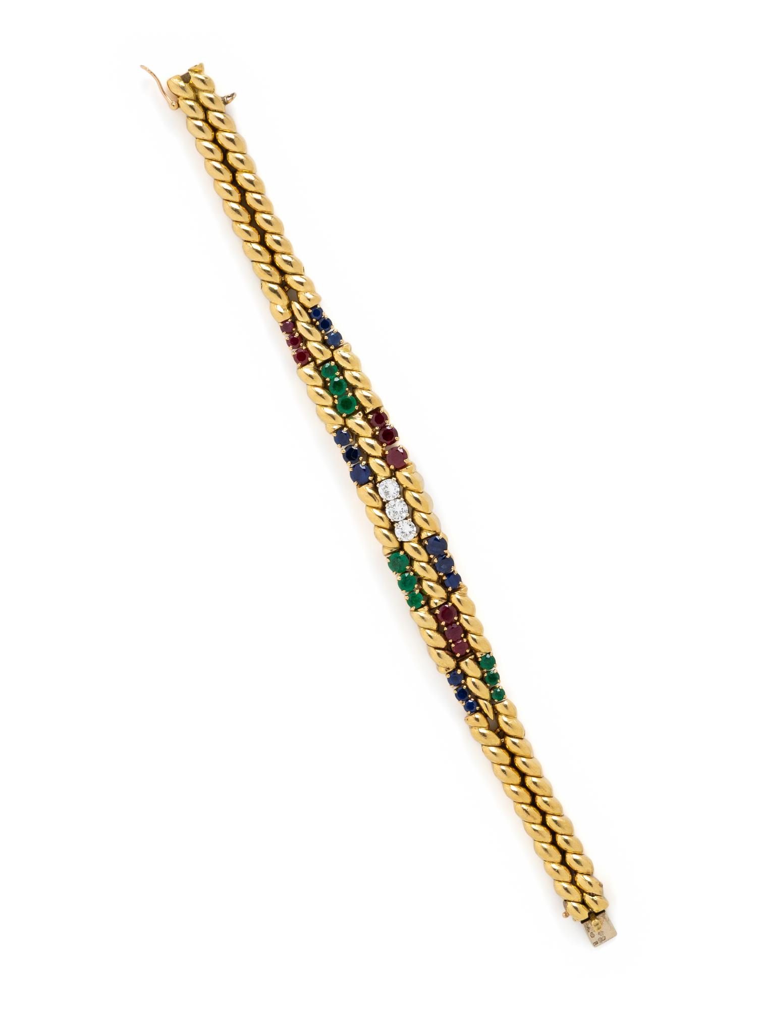 MAUBOUSSIN, FRENCH, YELLOW GOLD, EMERALD, DIAMOND, RUBY, AND SAPPHIRE BRACELET
