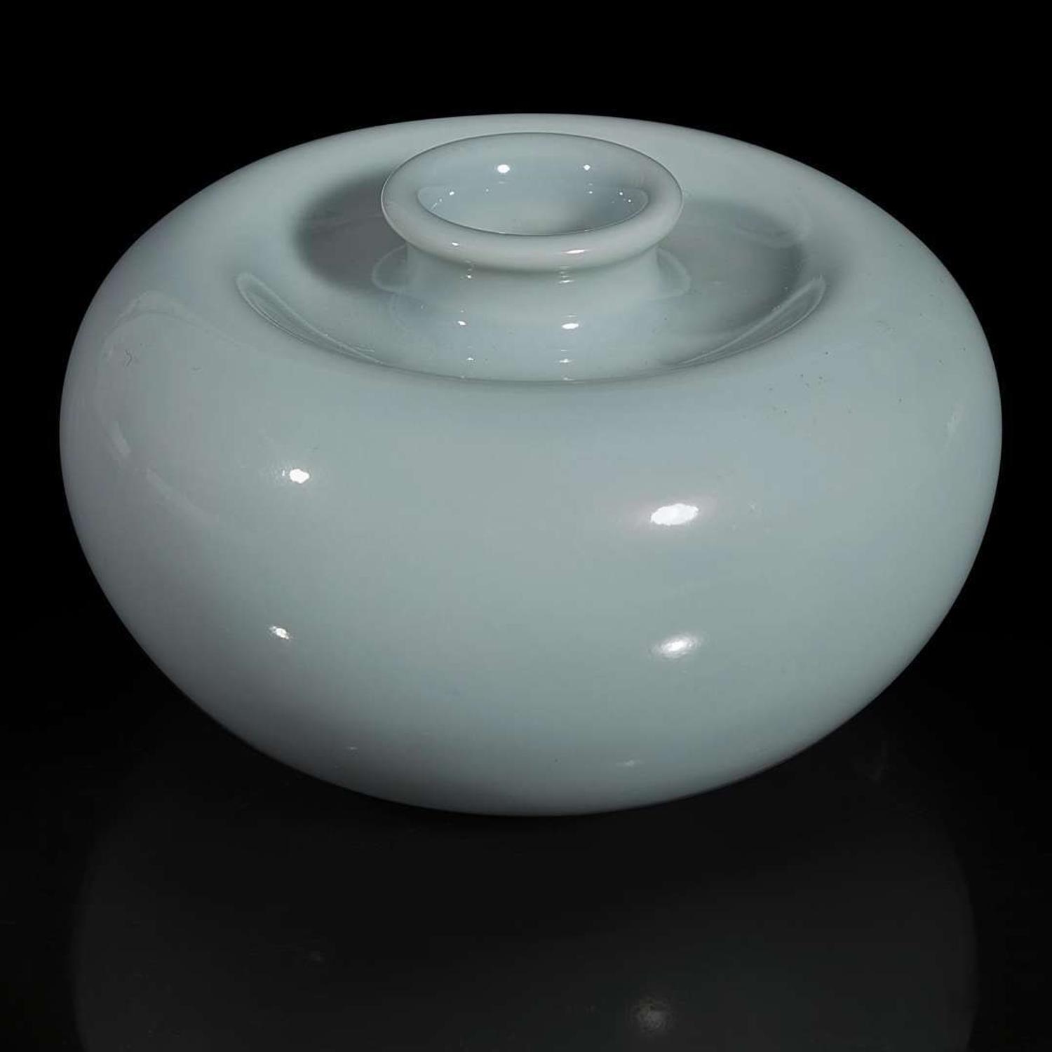 A Chinese "Clair de lune"-glazed apple-form coupe, Pingguo zun 天蓝釉苹果樽 Kangxi six-character mark, probably later ????? ???