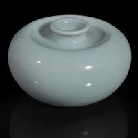A Chinese "Clair de lune"-glazed apple-form coupe, Pingguo zun 天蓝釉苹果樽 Kangxi six-character mark, probably later ????? ???