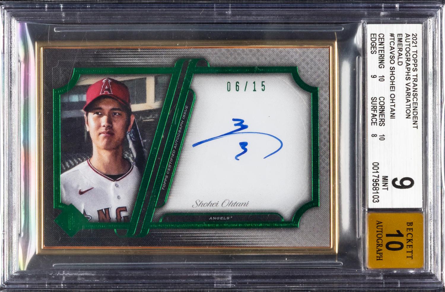 A 2021 Topps Transcendent Emerald Shohei Ohtani Signed Autograph Baseball Card No. TCAVSO Number 6/15 (BGS 9 MINT, 10 AUTO)