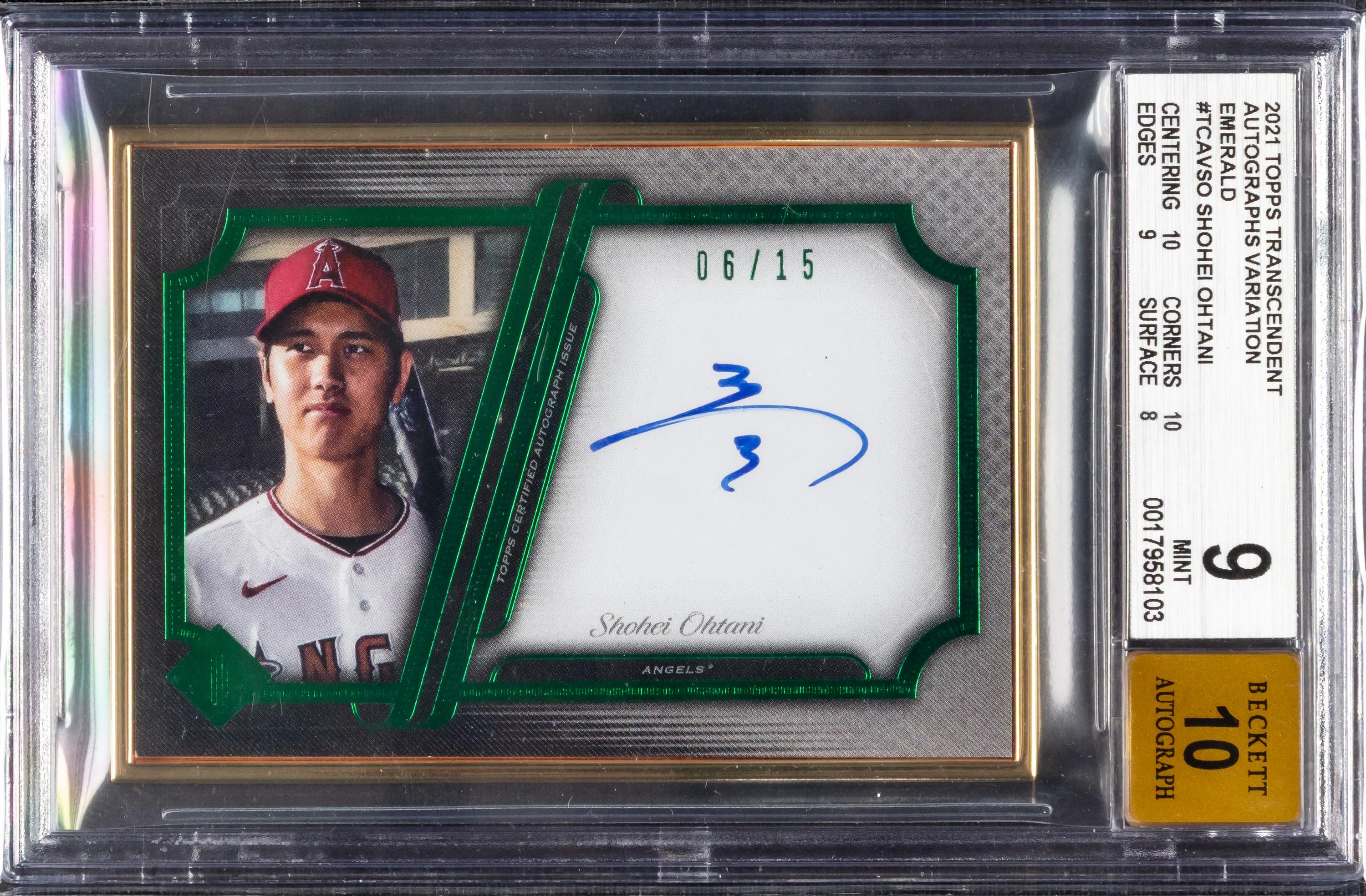 A 2021 Topps Transcendent Emerald Shohei Ohtani Signed Autograph Baseball Card No. TCAVSO Number 6/15 (BGS 9 MINT, 10 AUTO)