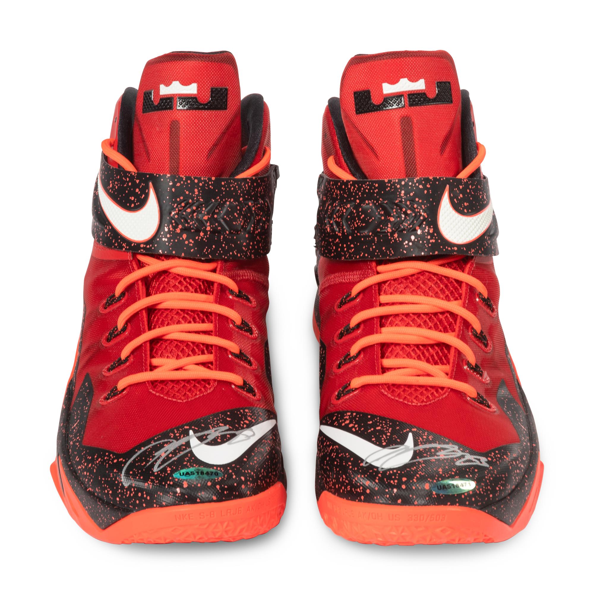A Pair of 2014 LeBron James Signed Autograph Game Issued Nike Zoom Soldier VIII Shoes (Upper Deck Authenticated),
