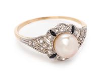 A Platinum Topped Yellow Gold, Pearl, Diamond and Onyx Ring,