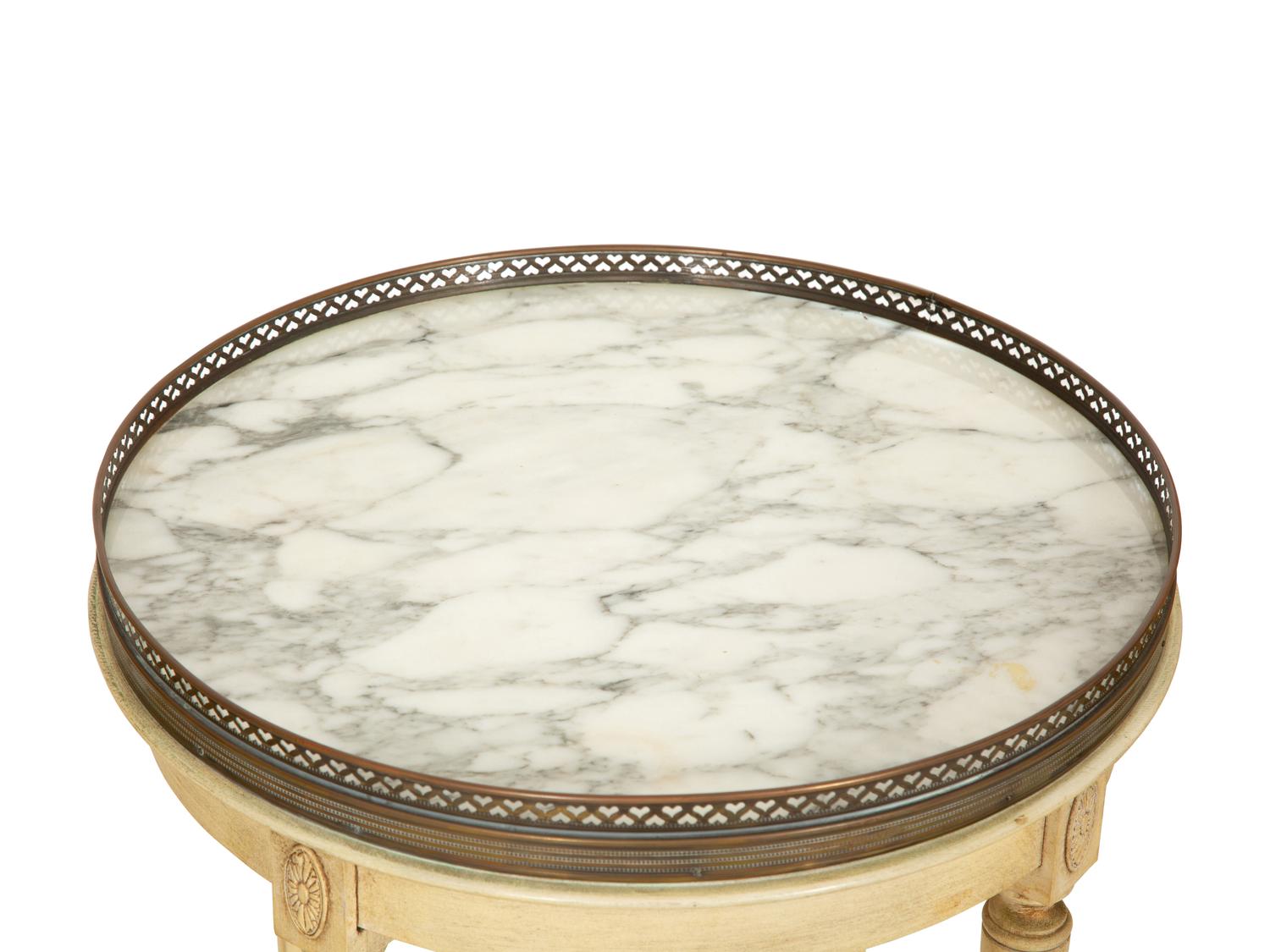A Pair of Louis XVI Style Painted Caned Back Side Chairs with a Marble Top Gueridon
