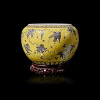 A Chinese Grisaille Decorated Yellow Ground Porcelain 'Bird and Flower' Washer, 20th Century 近代 黃地墨彩花鳥圖筆洗