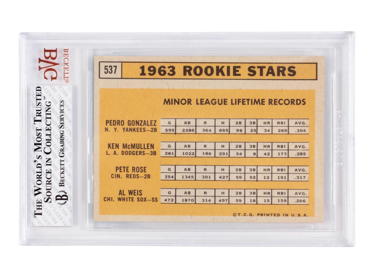 A 1963 Topps Pete Rose Rookie Stars No. 537 Baseball Card BVG (Beckett Vintage Grading) EX-MT 6