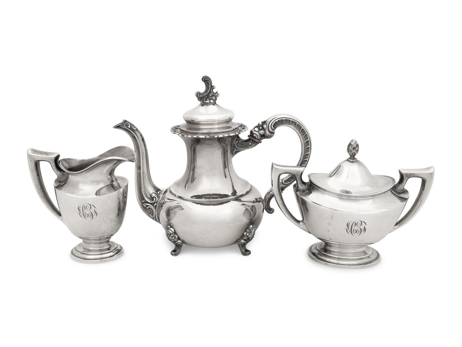 An American Silver Coffee Pot, Milk Jug and Sugar Bowl