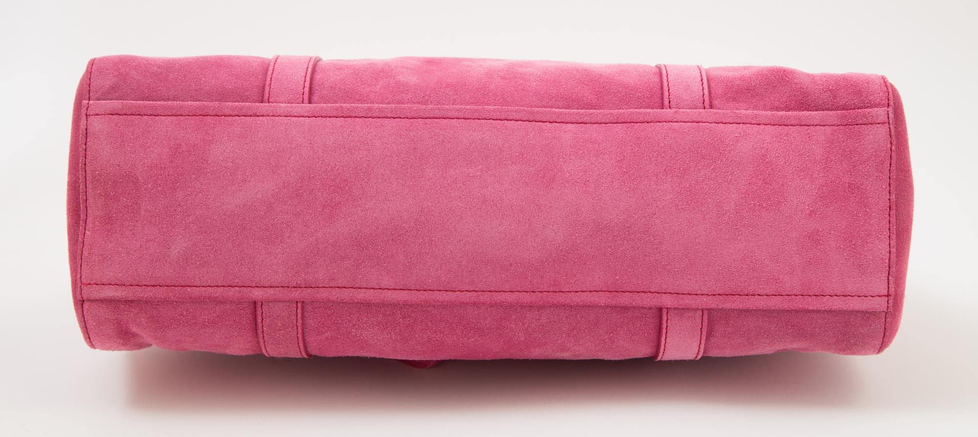 A Prada Pink Suede Handbag, 12.5" x 7.5" x 4.5"; Strap drop: 9".