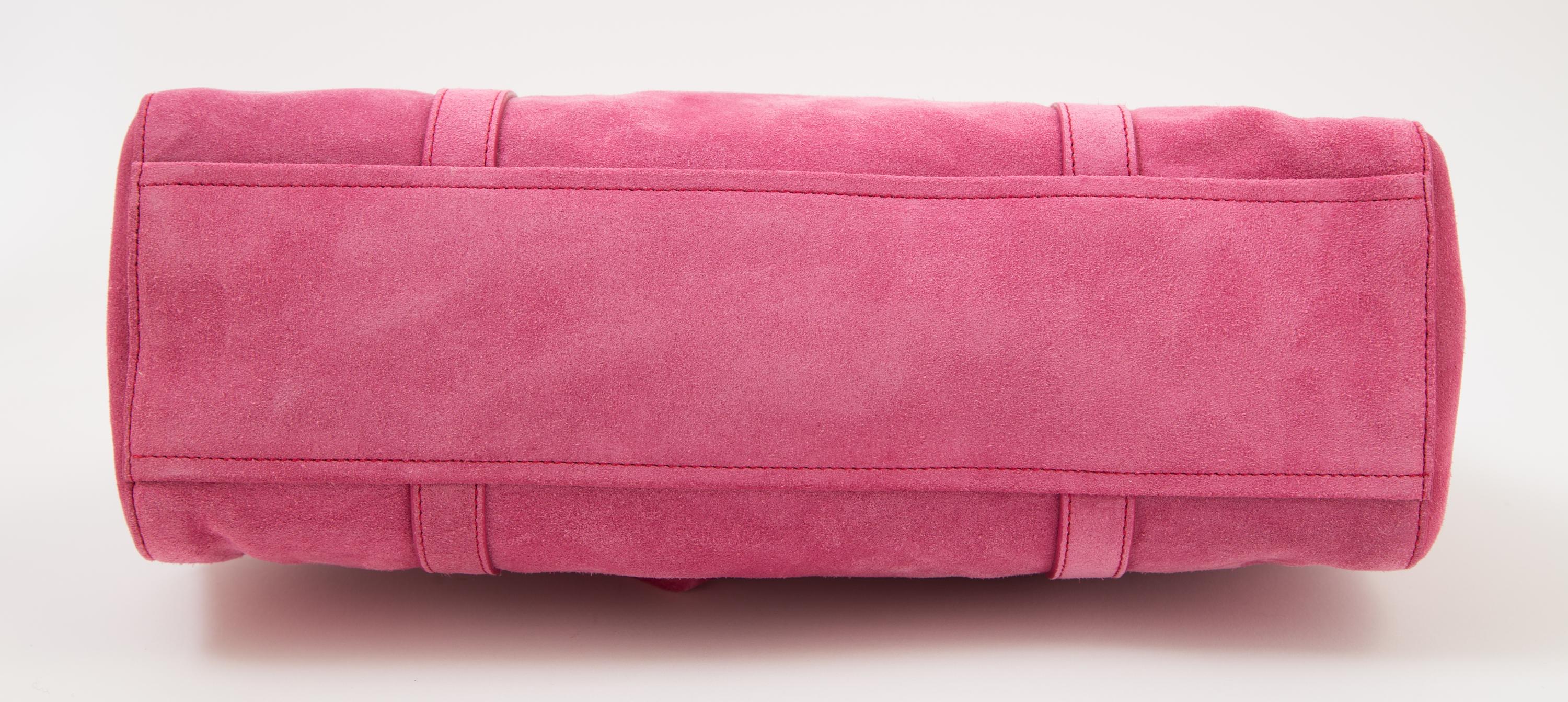 A Prada Pink Suede Handbag, 12.5" x 7.5" x 4.5"; Strap drop: 9".