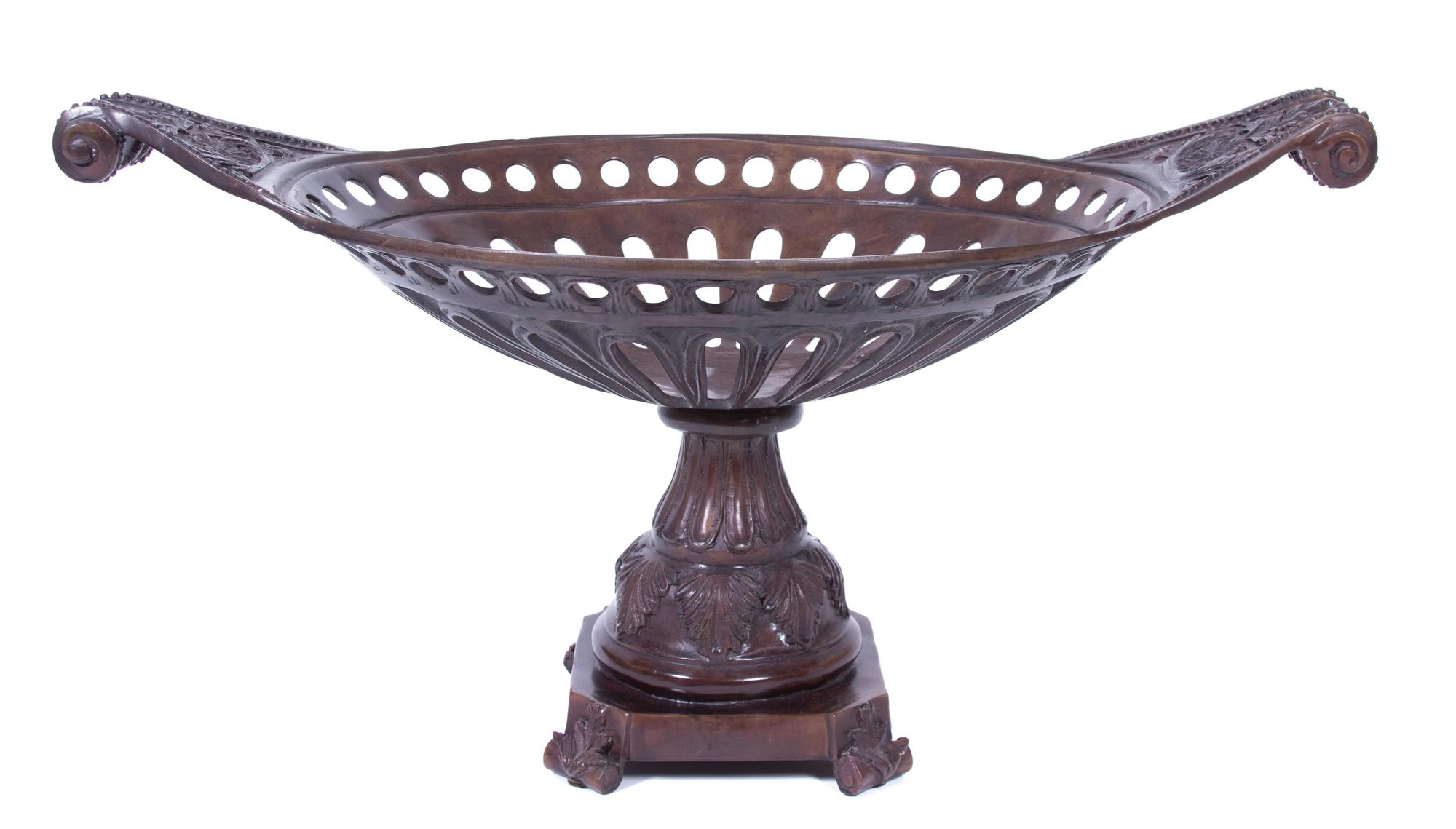 A Patinated Cast Metal Centerpiece Basket Height 15 1/2 x width 30 x depth 16 1/4 inches. — 20TH CENTURY