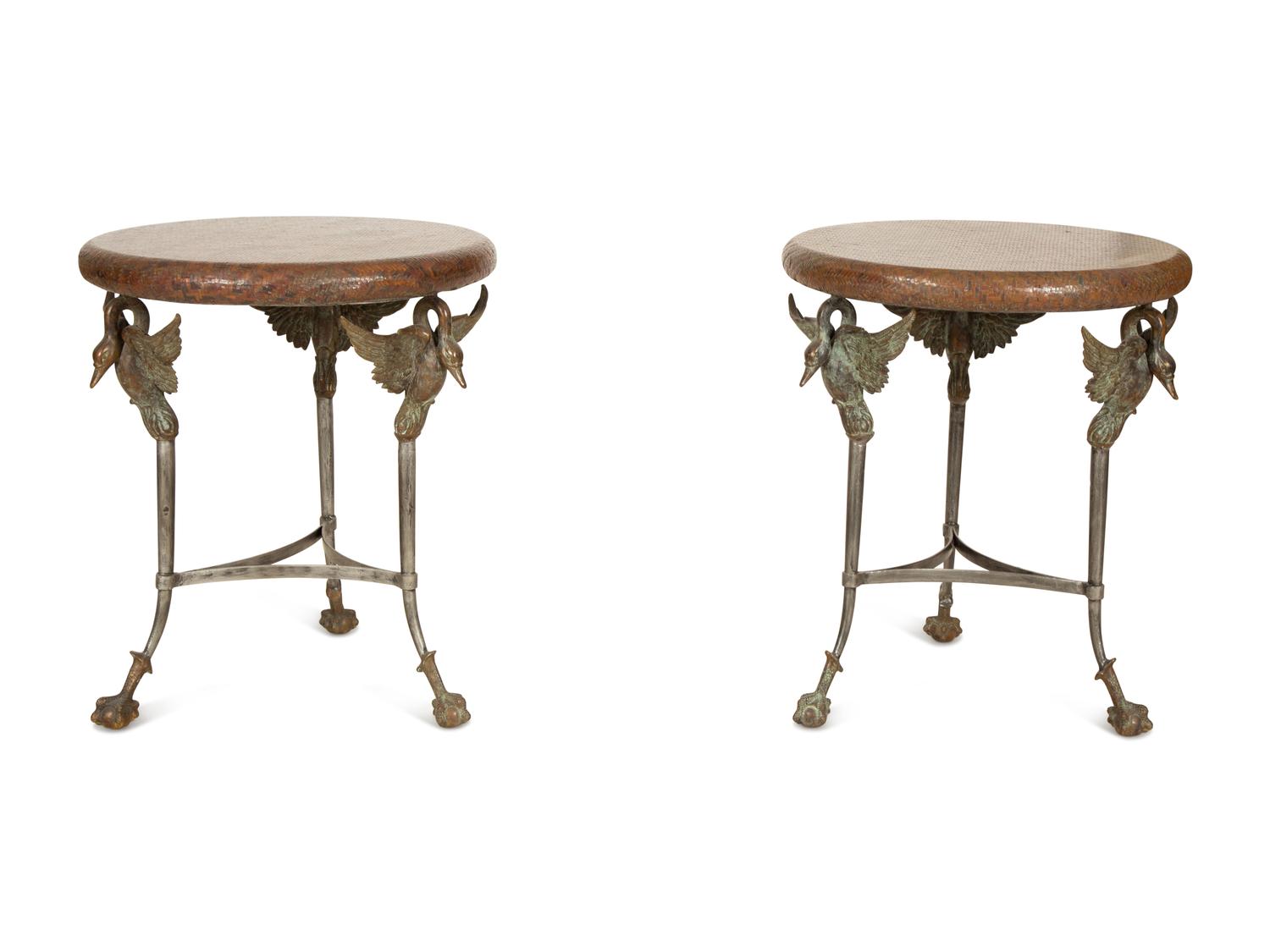 Pair of Empire Style Steel and Bronze Swan Gueridons — 19th/20th Century