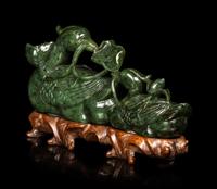 A Chinese Spinach Jade Carving of Mandarin Ducks