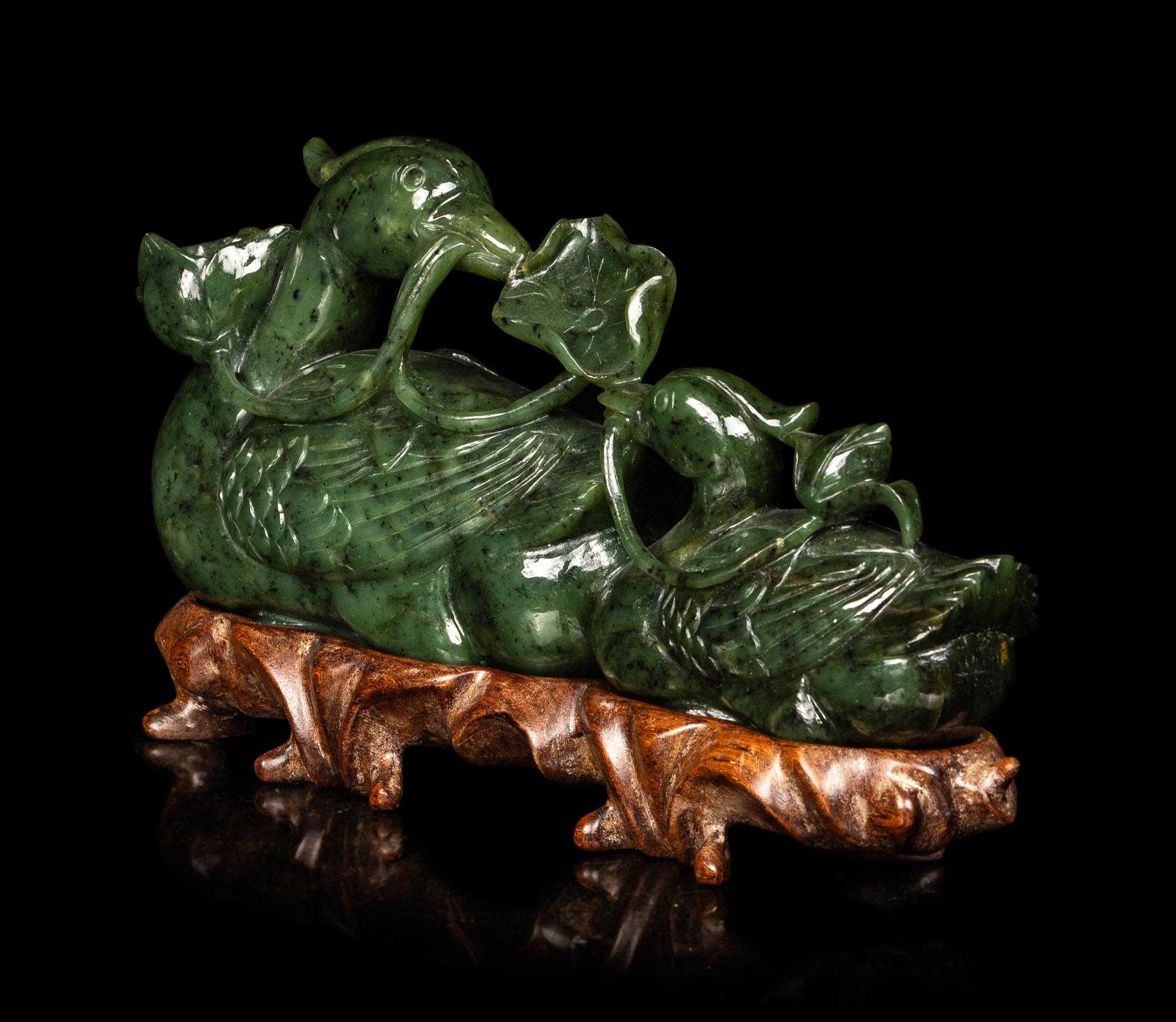 A Chinese Spinach Jade Carving of Mandarin Ducks