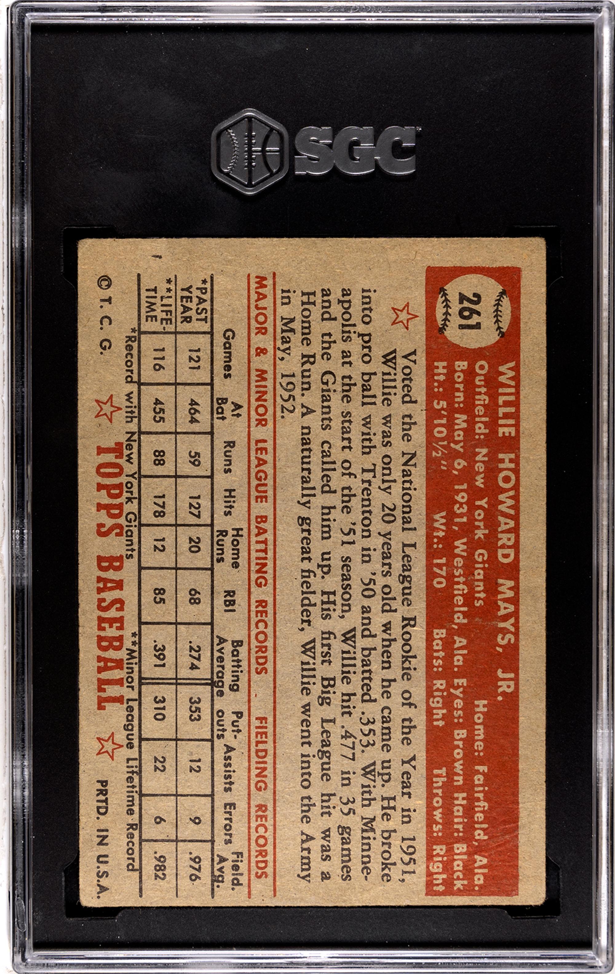 A 1952 Topps Willie Mays Rookie Baseball Card No. 261 (SGC 3 VERY GOOD)