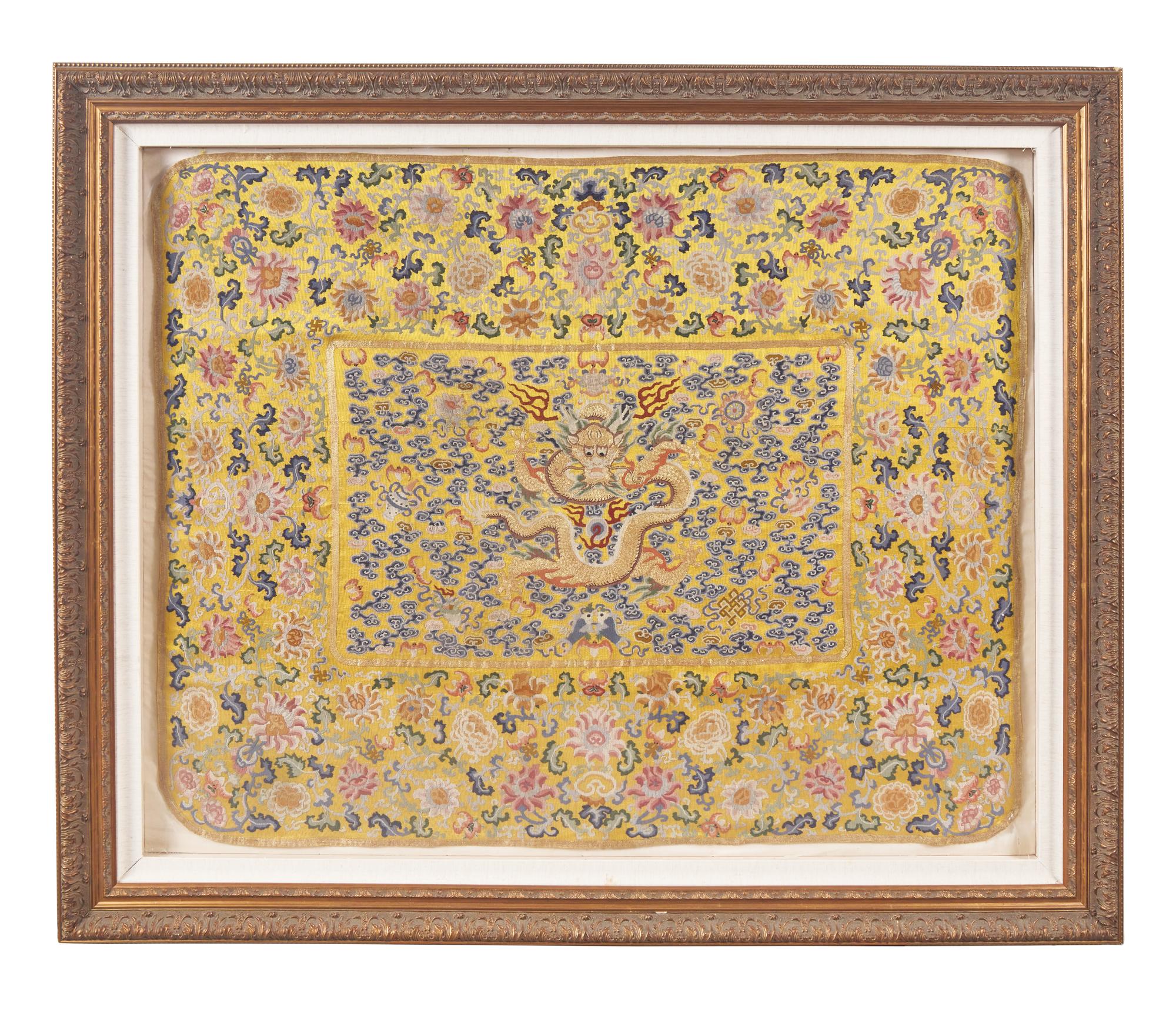 A Large Chinese Yellow Ground Embroidered ’Dragon and Lotus‘ Silk Throne Cover, 18th-19th Century 清中期 黄地绣云龙纹宝座垫