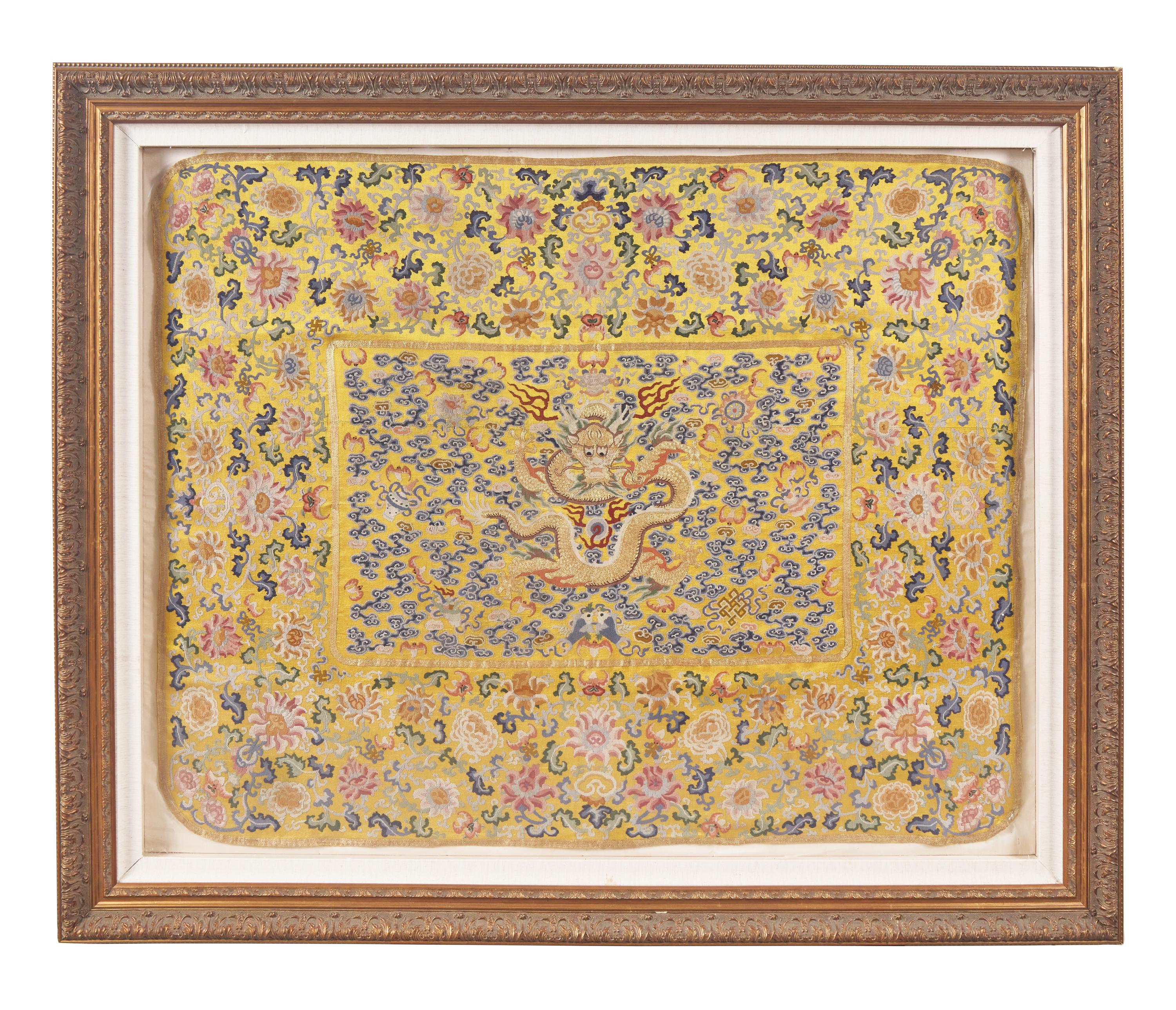 A Large Chinese Yellow Ground Embroidered ’Dragon and Lotus‘ Silk Throne Cover, 18th-19th Century 清中期 黄地绣云龙纹宝座垫