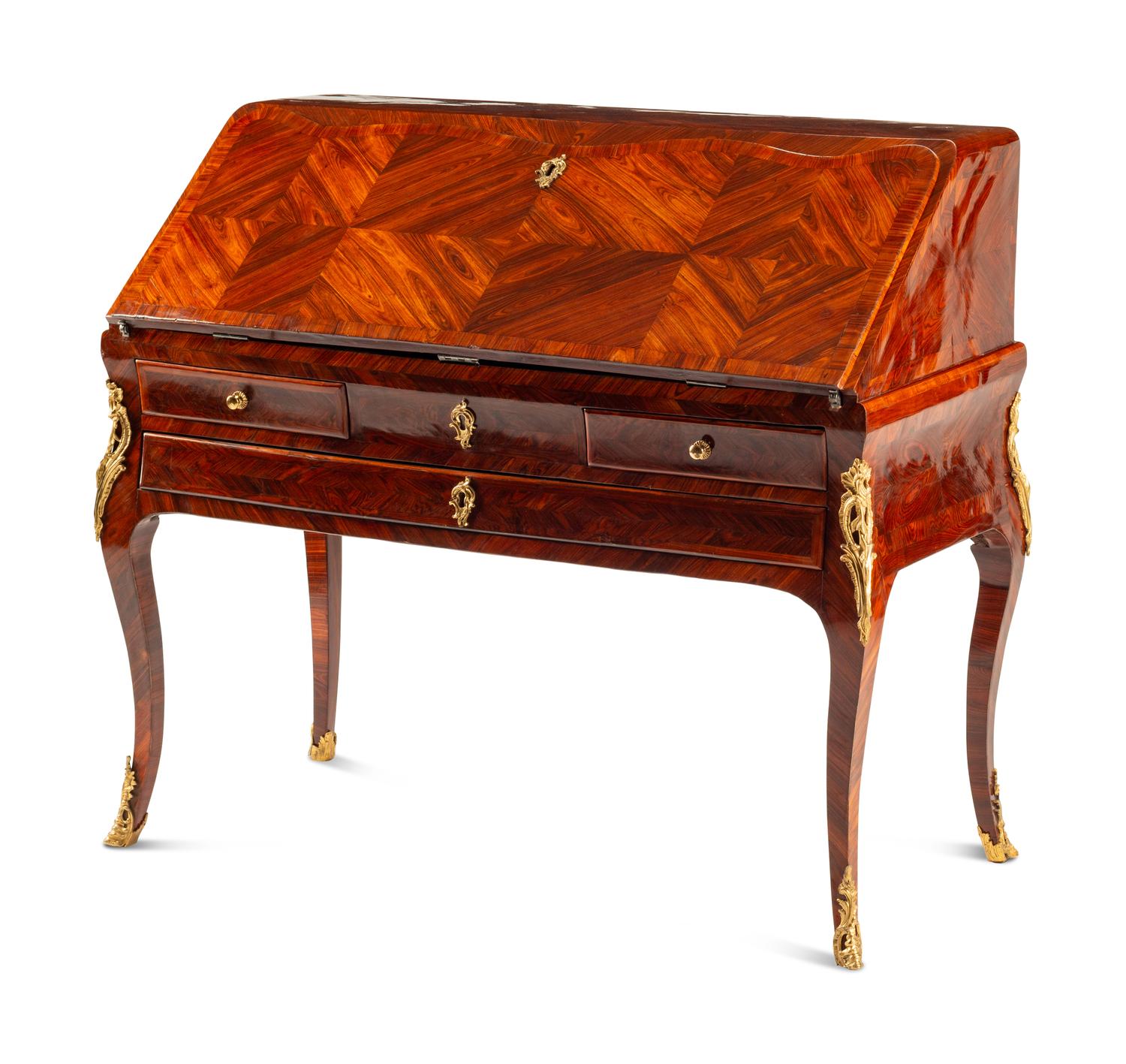 A Louis XV Gilt Bronze Mounted Bookmatched Tulipwood Bureau en Pente