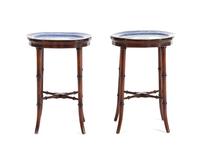 A Pair of Chinese Export Porcelain Armorial Platters Raised on Later Mahogany Stands