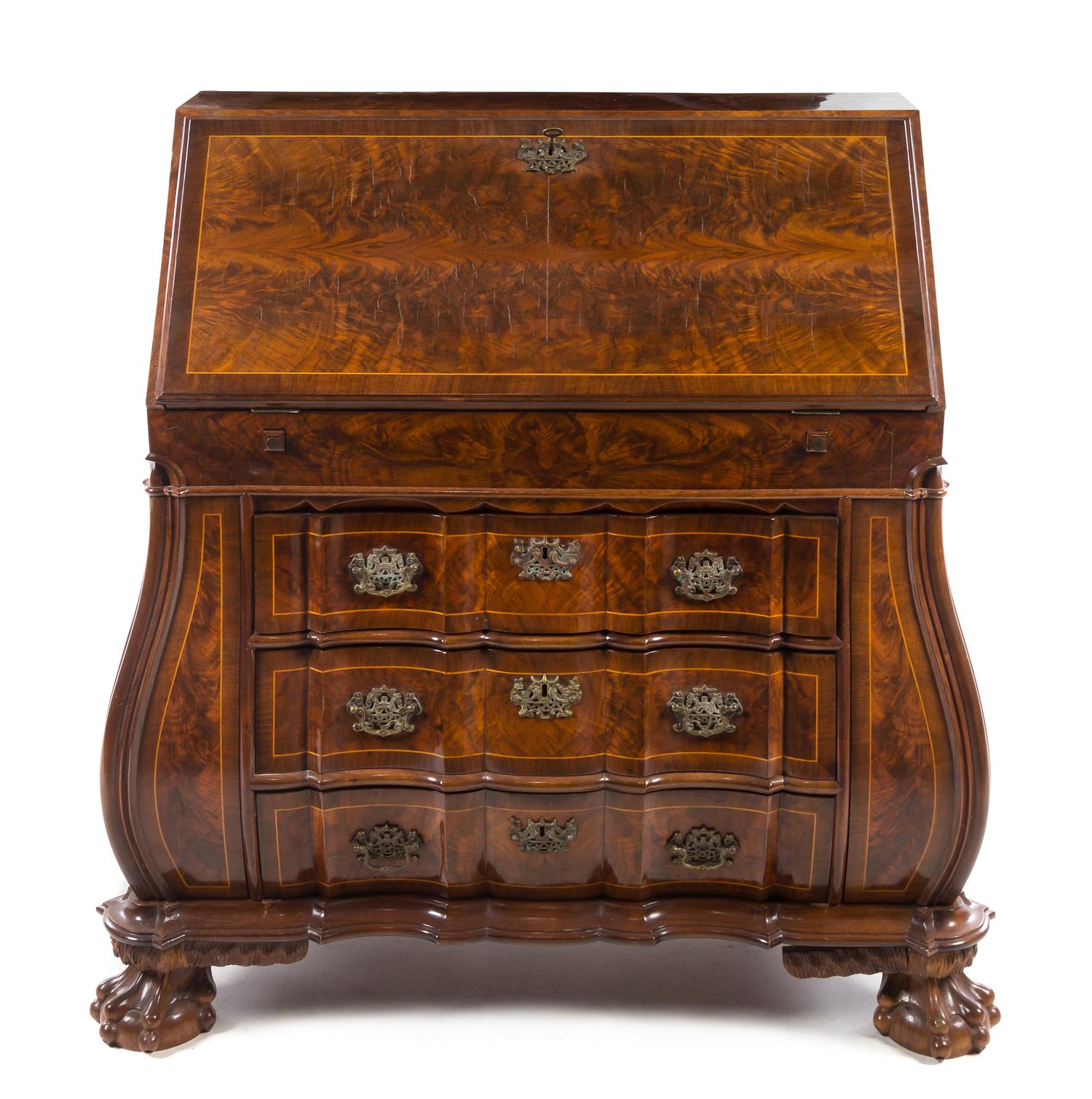 A Mahogany Bombe Bureau Height 24 x width 35 1/4 x depth 18 inches. — 20TH CENTURY
