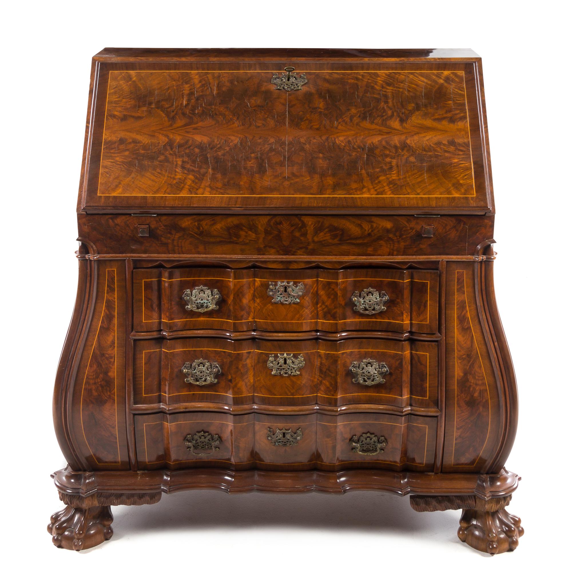 A Mahogany Bombe Bureau Height 24 x width 35 1/4 x depth 18 inches. — 20TH CENTURY