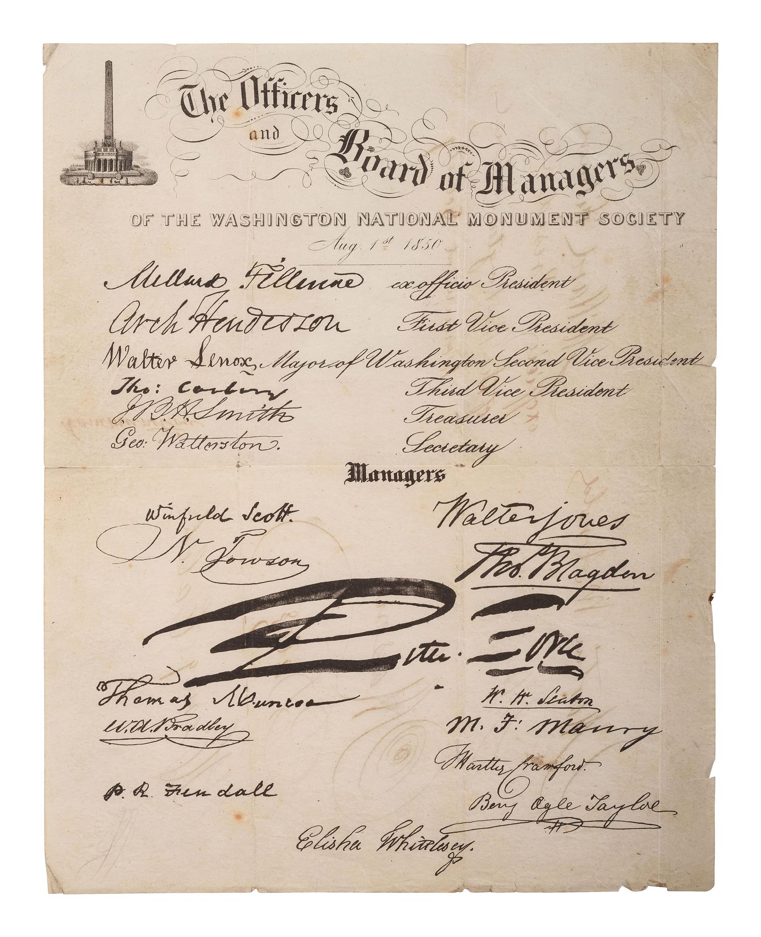 FILLMORE, Millard (1800-1874). Document signed as Pres. of the Washington Natl. Monument Society.
