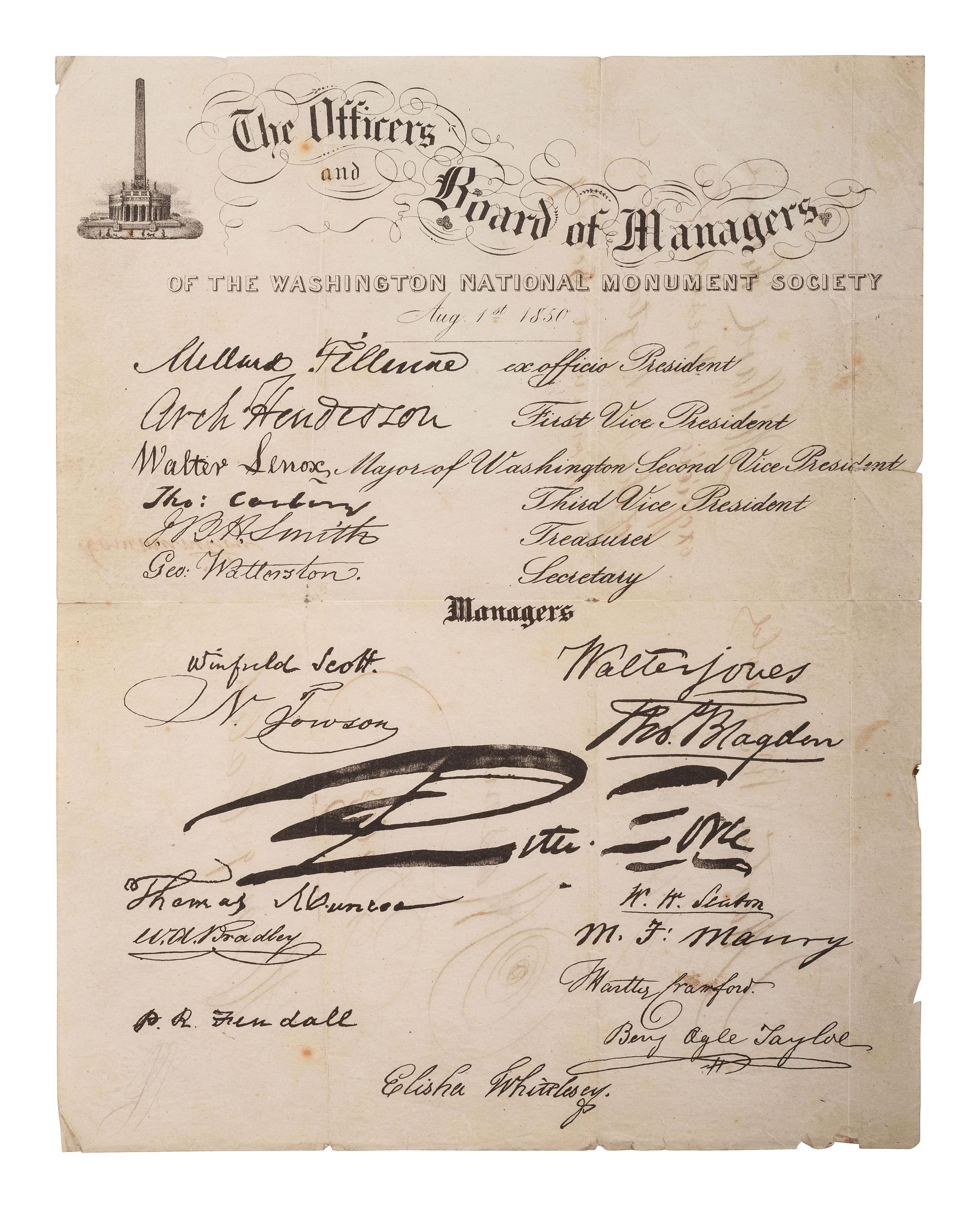 FILLMORE, Millard (1800-1874). Document signed as Pres. of the Washington Natl. Monument Society.