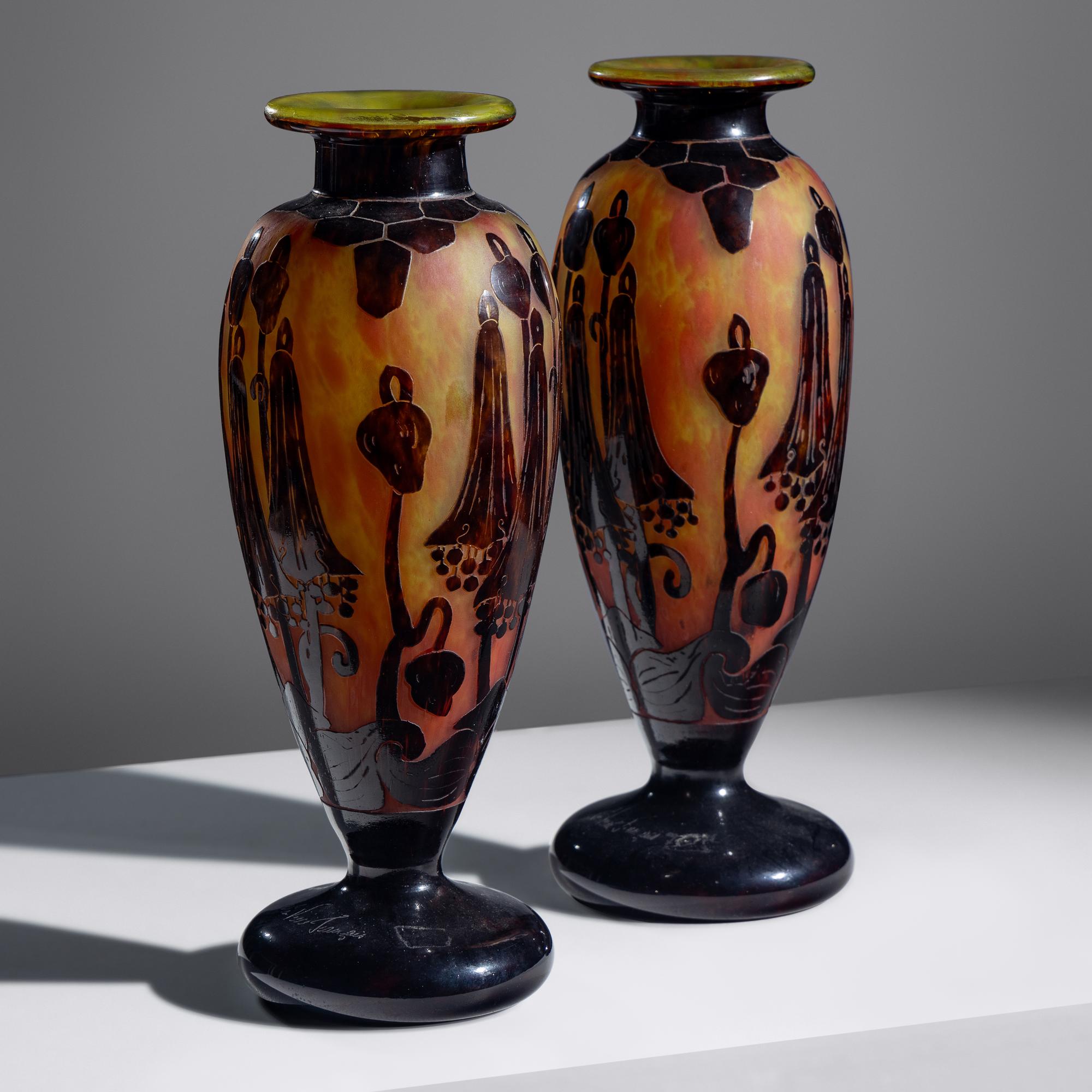 Pair of Le Verre Français Daturas Vases, c. 1930