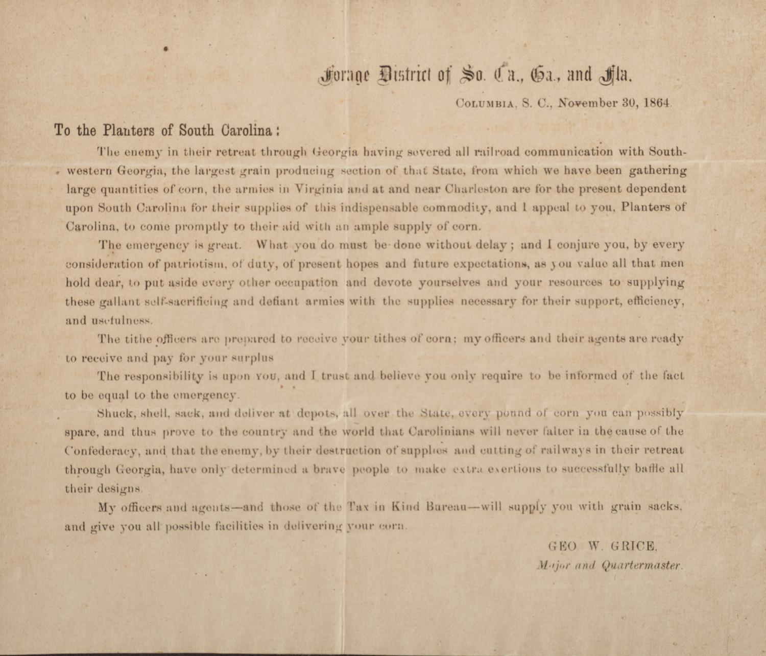 [CIVIL WAR]. To the Planters of South Carolina . Columbia, SC: 30 November 1864.