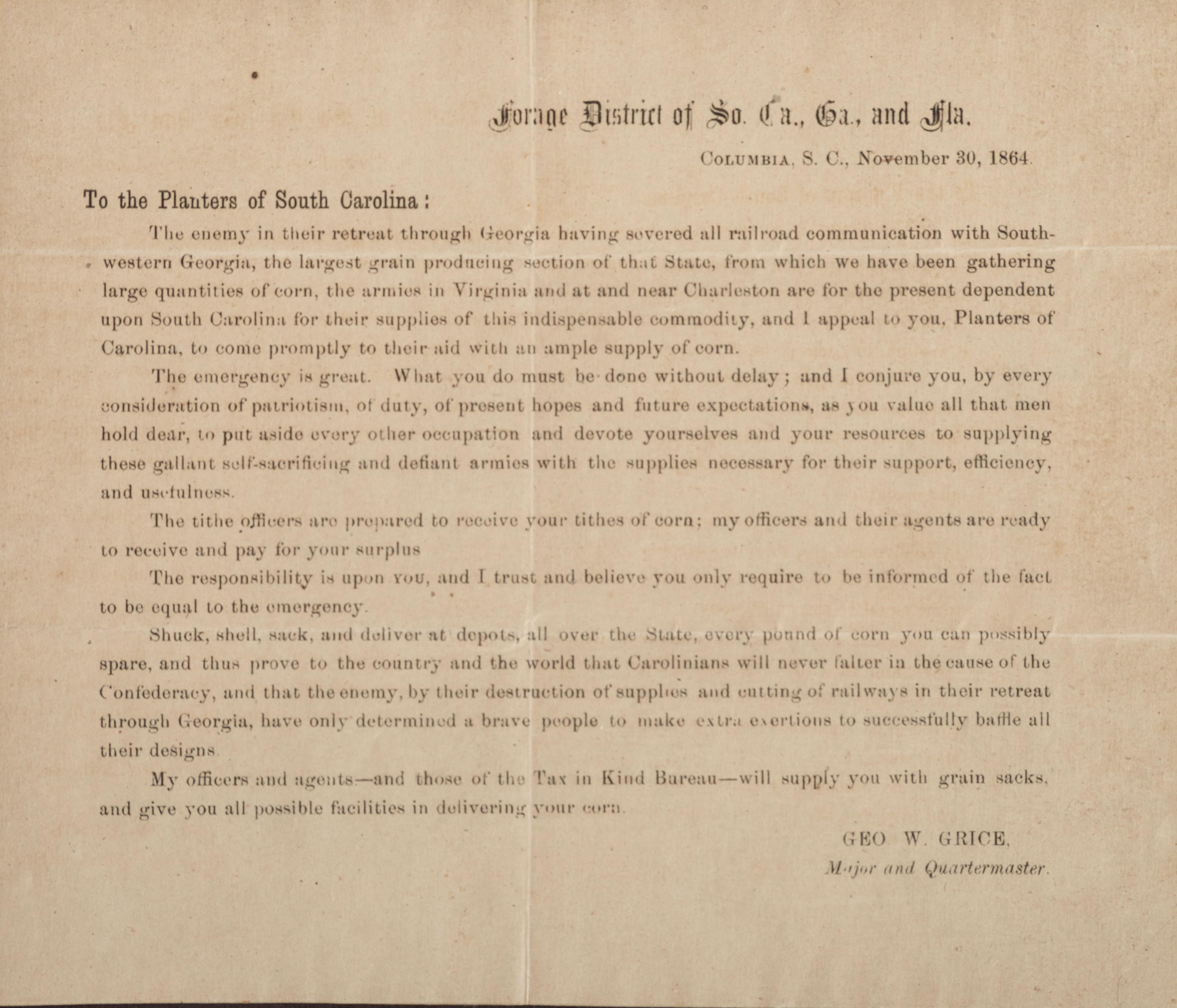 [CIVIL WAR]. To the Planters of South Carolina . Columbia, SC: 30 November 1864.
