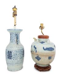 Two Chinese Ceramic Vessels Mounted as Lamps