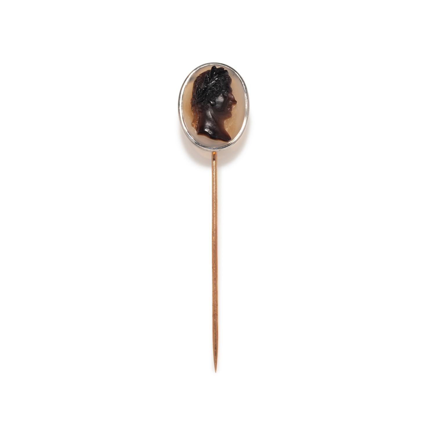 A Neoclassical Agate Cameo and Silver Stickpin with a Roman Emperor