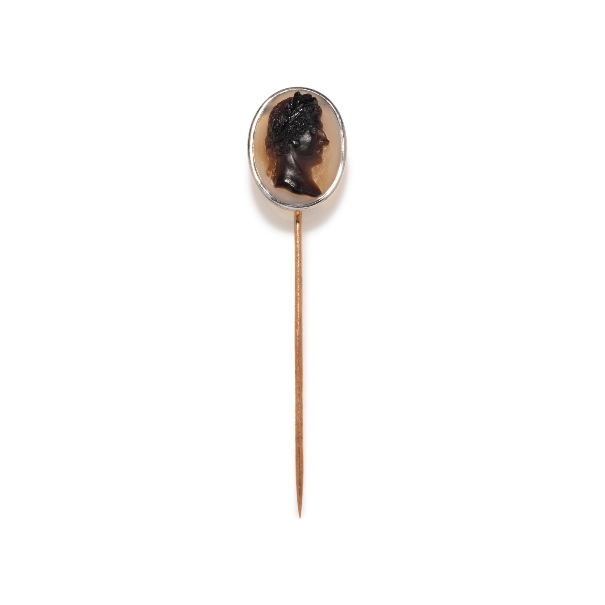 A Neoclassical Agate Cameo and Silver Stickpin with a Roman Emperor