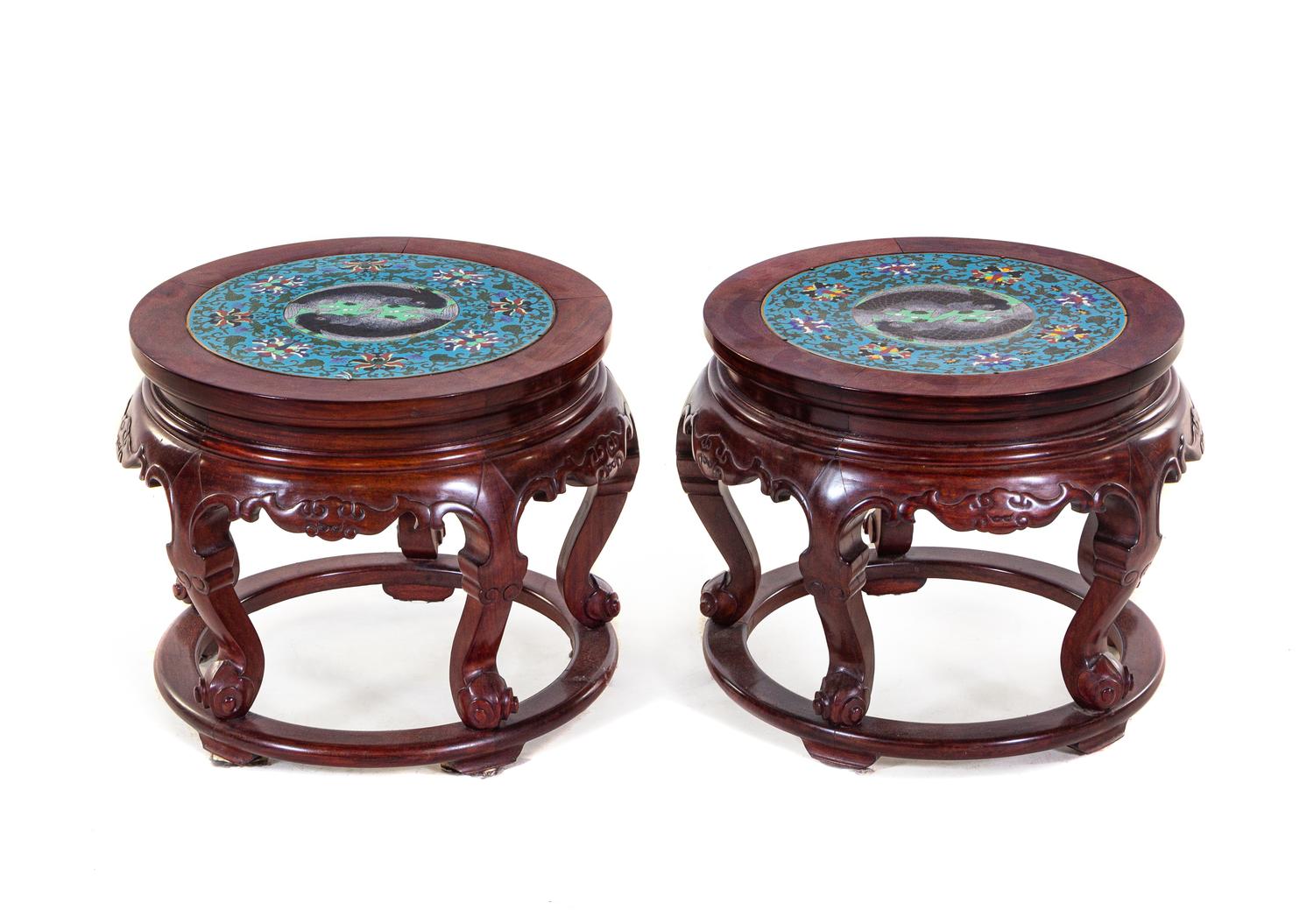 A Pair of Cloisonné Enamel Inset Hardwood Stools