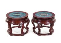 A Pair of Cloisonné Enamel Inset Hardwood Stools