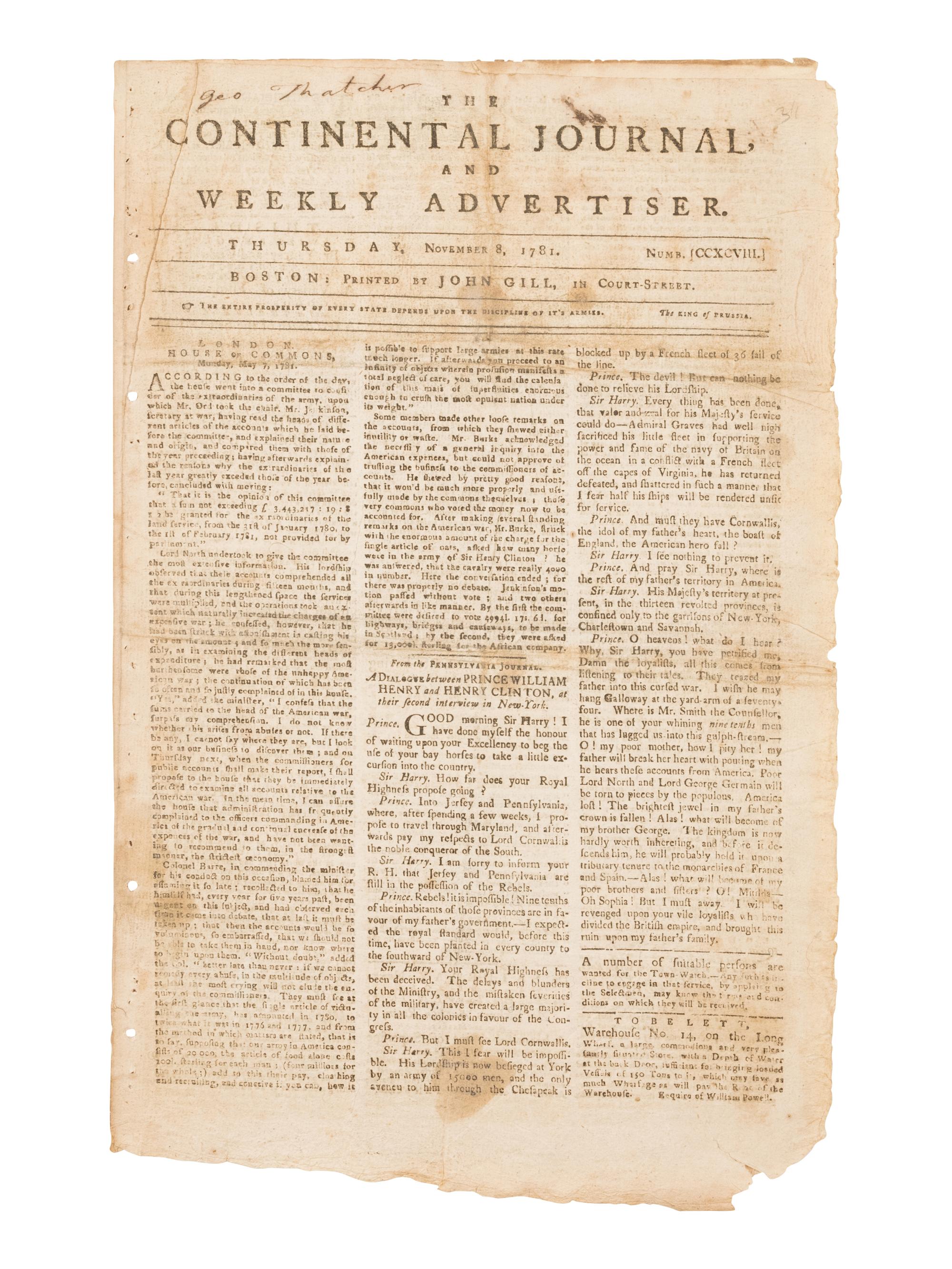 NEWSPAPERS - REVOLUTIONARY WAR]. The Continental Journal and Weekly Advertiser . No. CCXCVIII. Boston: John Gill, Thursday, November 8, 1781.