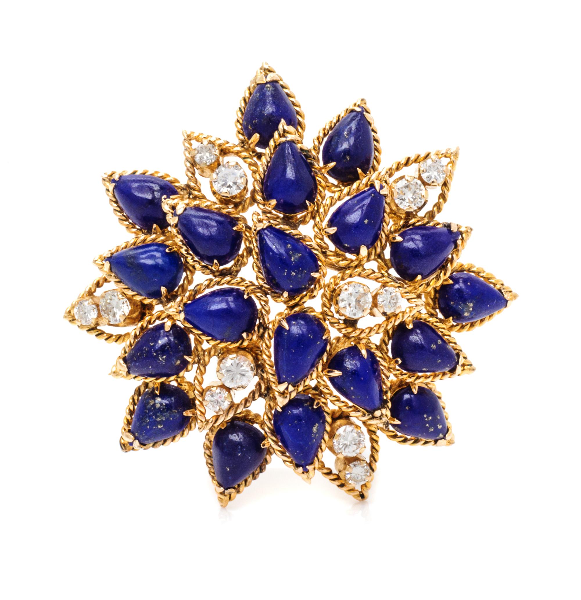 A Yellow Gold, Lapis Lazuli and Diamond Brooch, 7.10 dwts.