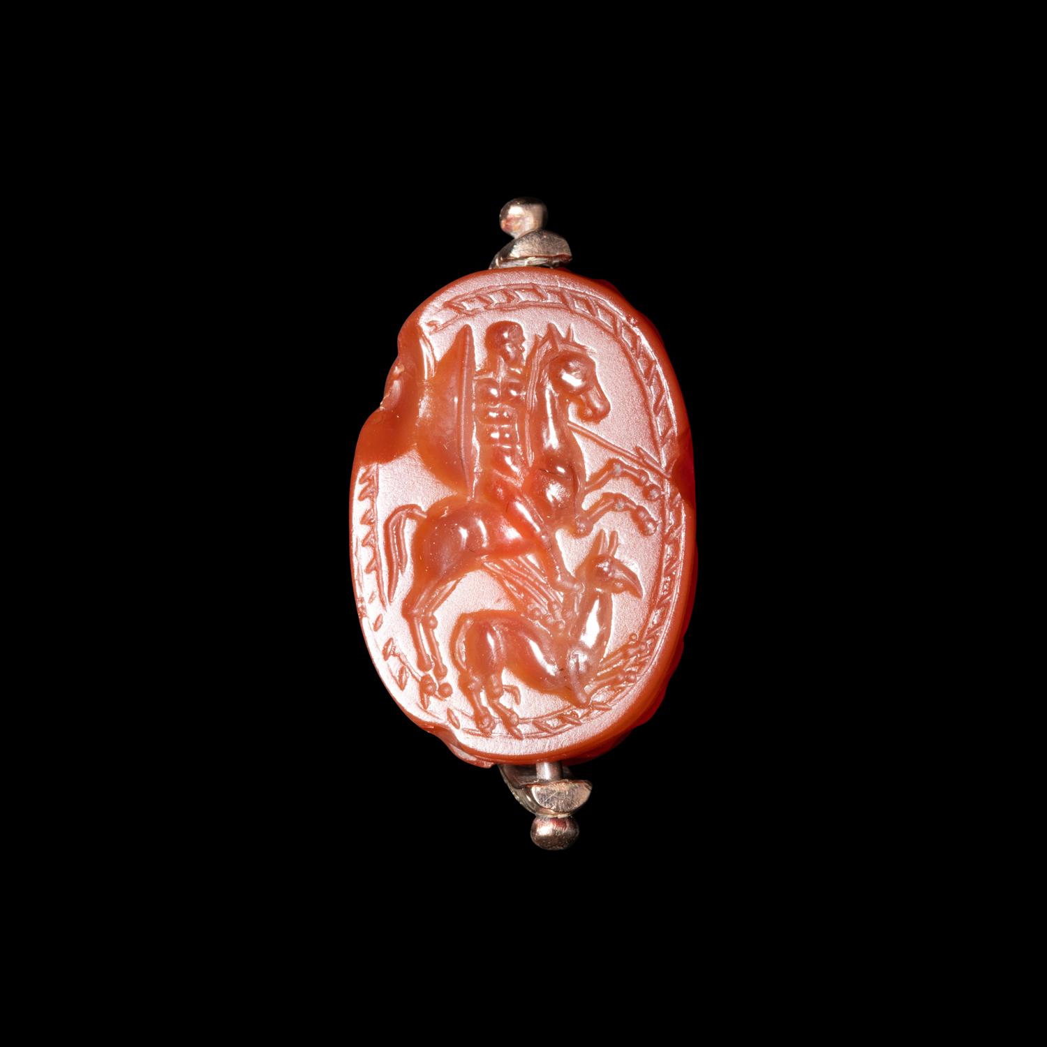 An Etruscan Carnelian Scarab with Warrior on Horseback and a Griffin — Set in a 19th Century gold swivel fob
