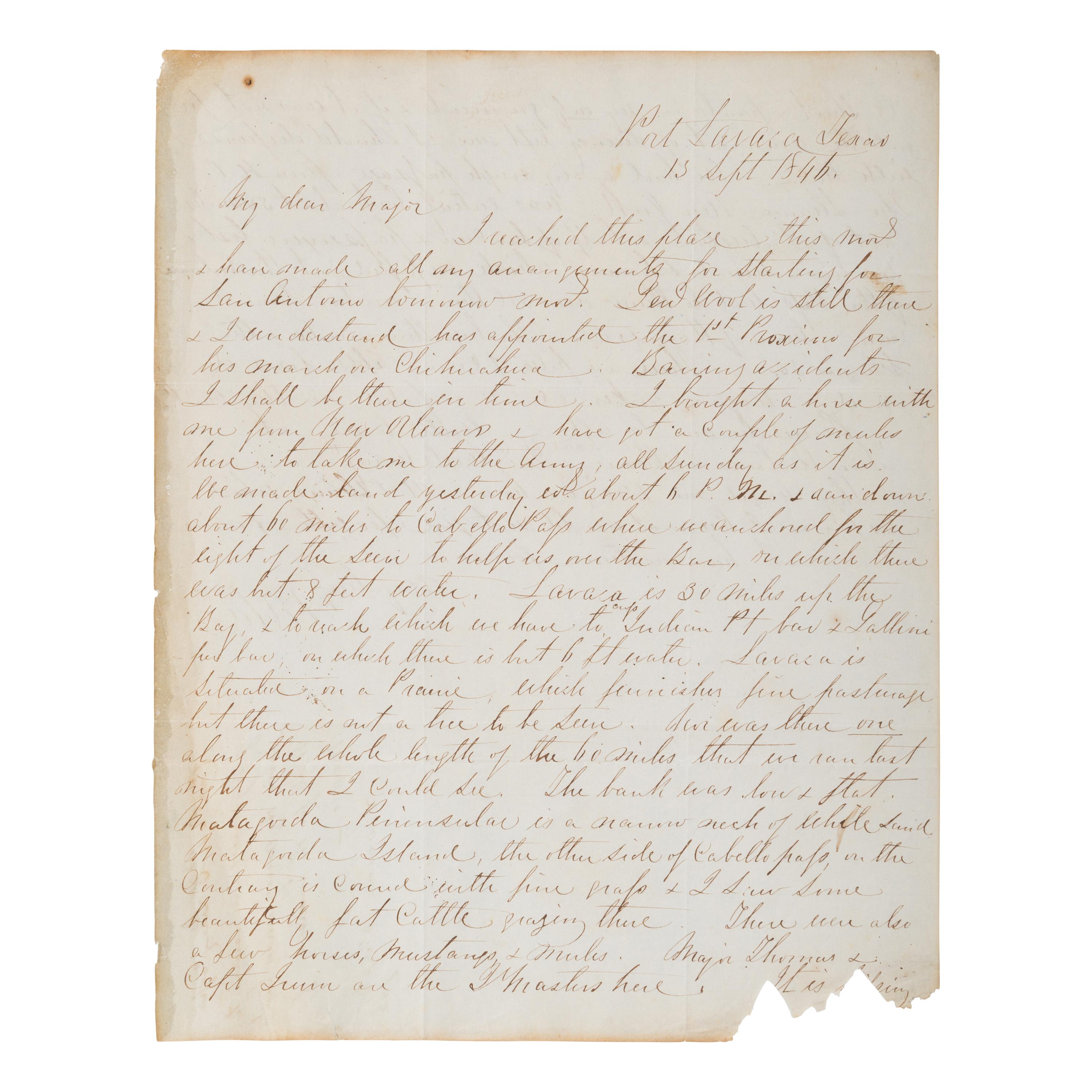 Lee, Robert E. (1807-1870). Autograph letter signed ("R.E. Lee"), presumably to Major William O. Butler ("My dear Major"), Port La Vaca, Texas, 13 September 1846.