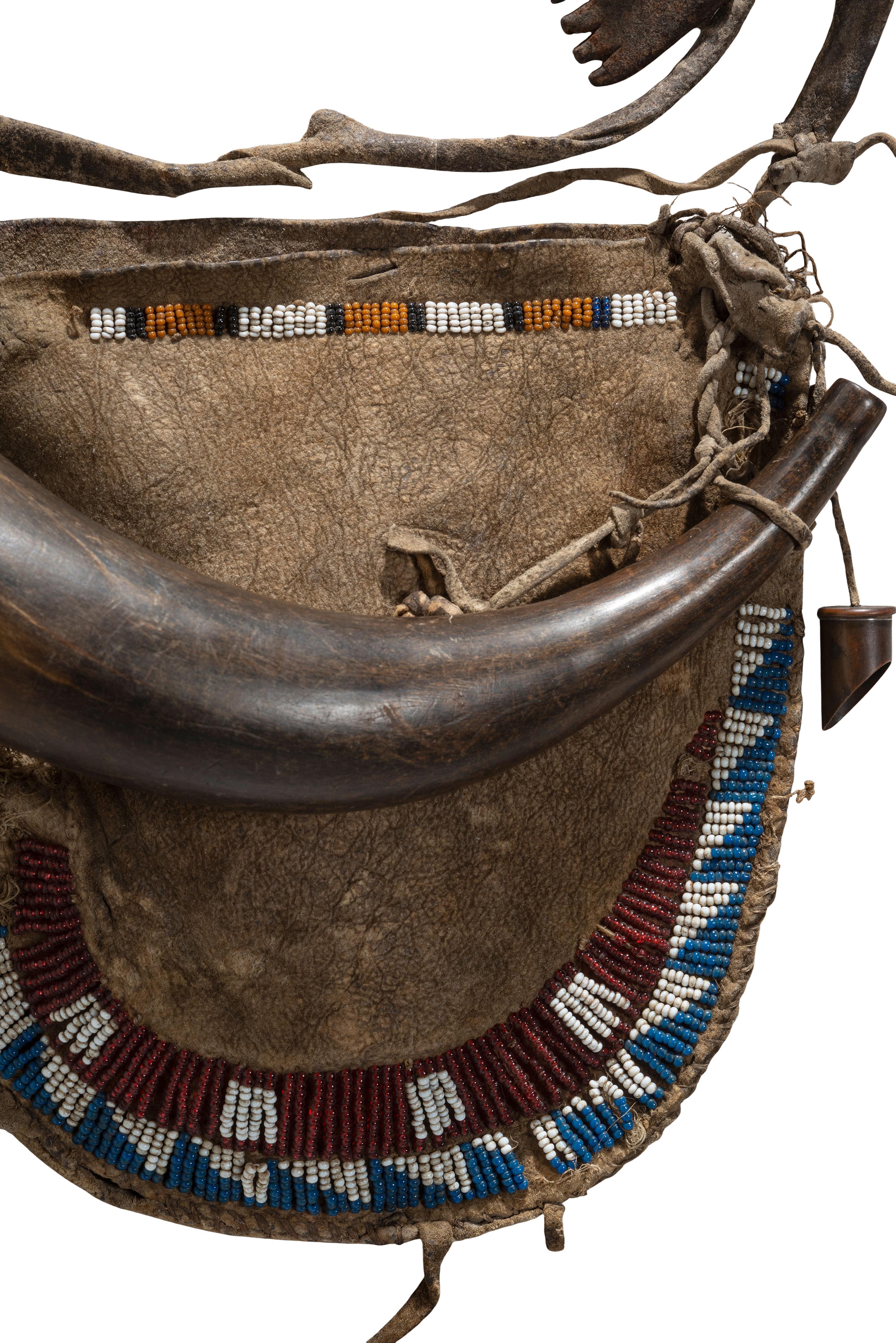 Early Plains Pony Beaded Buffalo Hide Shot Pouch and Powder Horn