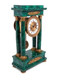 A Continental Gilt Bronze Mounted Malachite Veneered Portico Clock