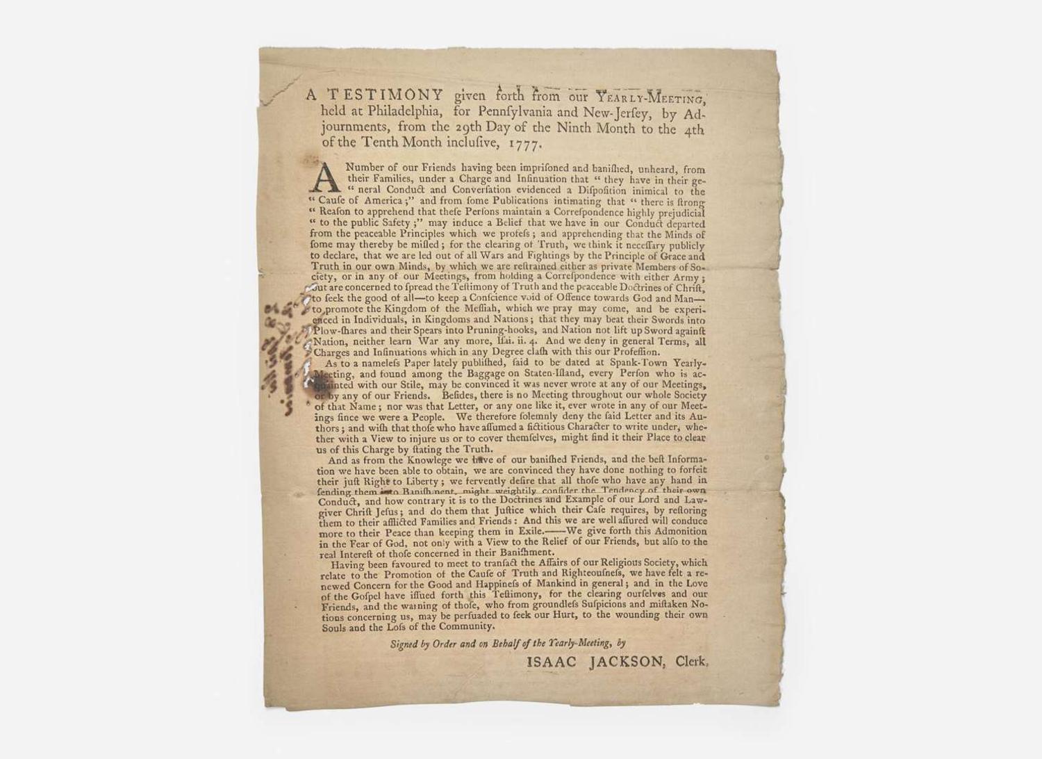 [American Revolution] Jackson, Isaac: A Testimony given forth from our Yearly-Meeting, held at Philadelphia, for Pennsylvania and New-Jersey...from the 29th Day of the Ninth Month to the 4th of of the Tenth Month inclusive, 1777