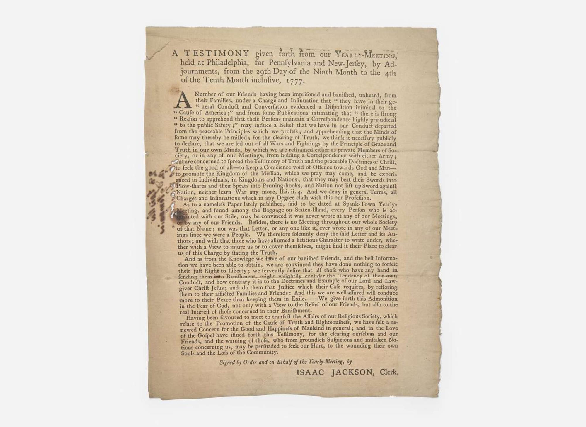 [American Revolution] Jackson, Isaac: A Testimony given forth from our Yearly-Meeting, held at Philadelphia, for Pennsylvania and New-Jersey...from the 29th Day of the Ninth Month to the 4th of of the Tenth Month inclusive, 1777